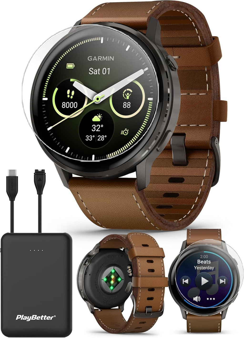 PlayBetter Garmin Venu 4 (Slate/Black/Brown Leather, 45mm) Fitness GPS Smartwatch Bundle - AMOLED Display, Built-in Flashlight, Long Battery Life Portable Charger & HD Screen Protectors
