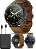 PlayBetter Garmin Venu 4 (Slate/Black/Brown Leather, 45mm) Fitness GPS Smartwatch Bundle - AMOLED Display, Built-in Flashlight, Long Battery Life Portable Charger & HD Screen Protectors