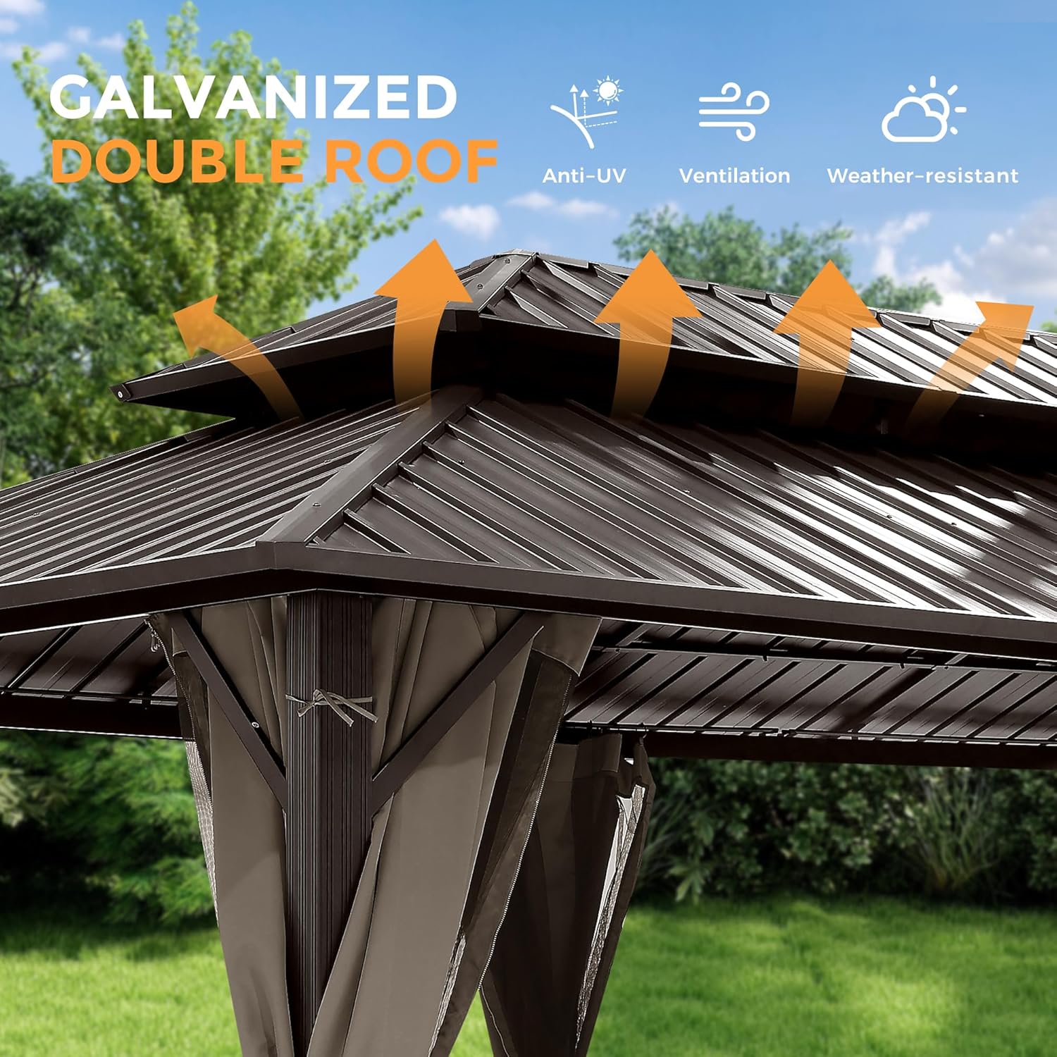 HAPPATIO 10'x12' Outdoor Gazebo with Hardtop Roof, Double Galvanized Steel Roof Canopy with Aluminum Frame, Curtains and Netting for Patio, Backyard, Deck, Lawn, Easy Assembly (Brown)