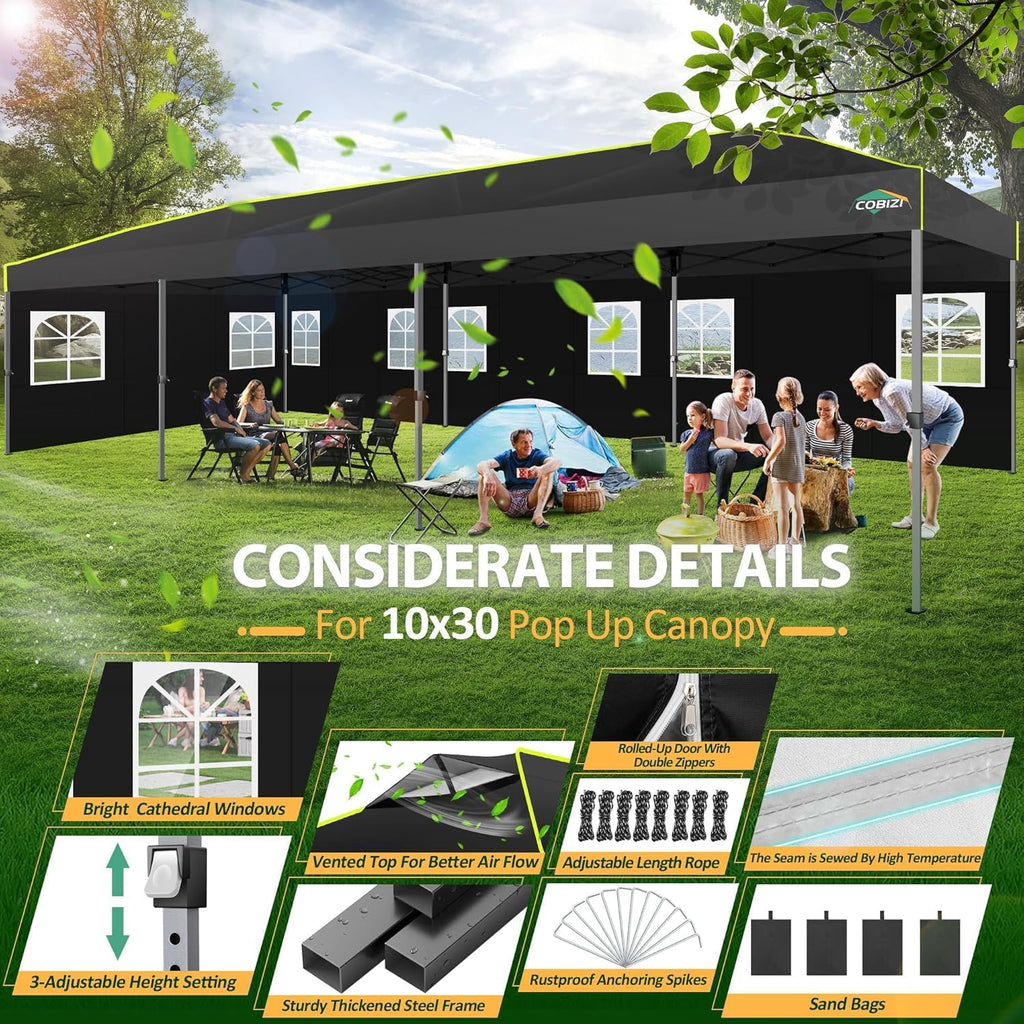 COBIZI 10x30 Pop Up Canopy with Sidewalls, One Push Easy Up Canopy UPF 50+ Waterproof Gazebo Party Tents for Parties, Backyard, Commercial Event, Black