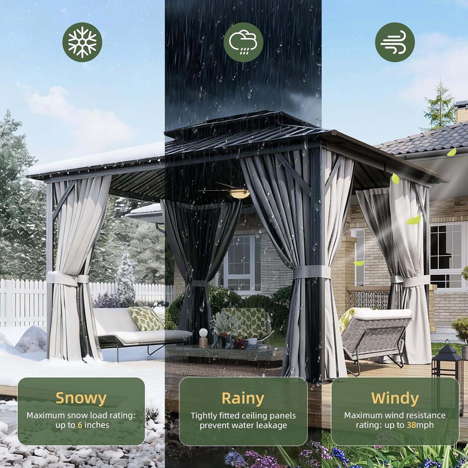 Aoxun 10'x12' Hardtop Gazebo, Permanent Metal Pavilion with Galvanized Steel Double Roof, Outdoor Pergola with Nettings and Curtains for Lawn, Garden, Patio (Gray)