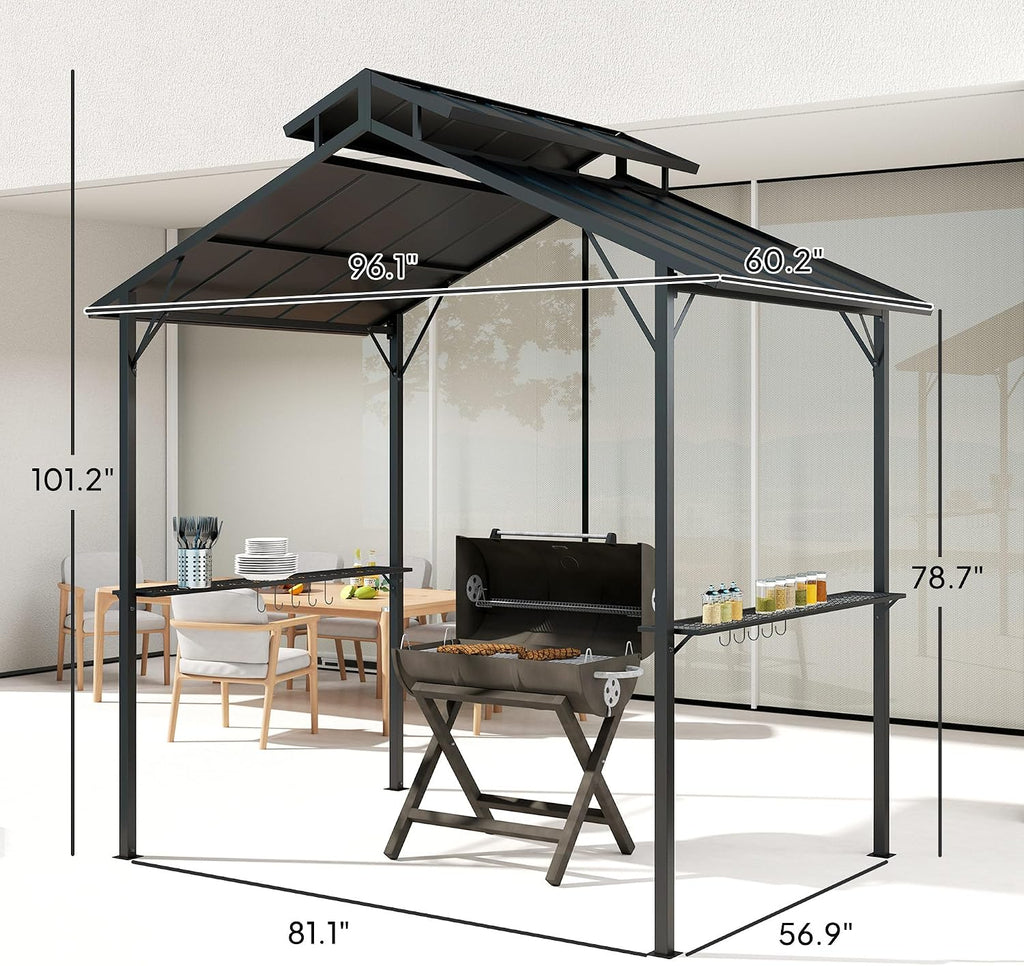 Outsunny 8' x 5' Hardtop Grill Gazebo, Outdoor BBQ Gazebo with Double Metal Roof, 2 Side Shelves and 10 Hooks, Grill Canopy for Patio Backyard Lawn Deck