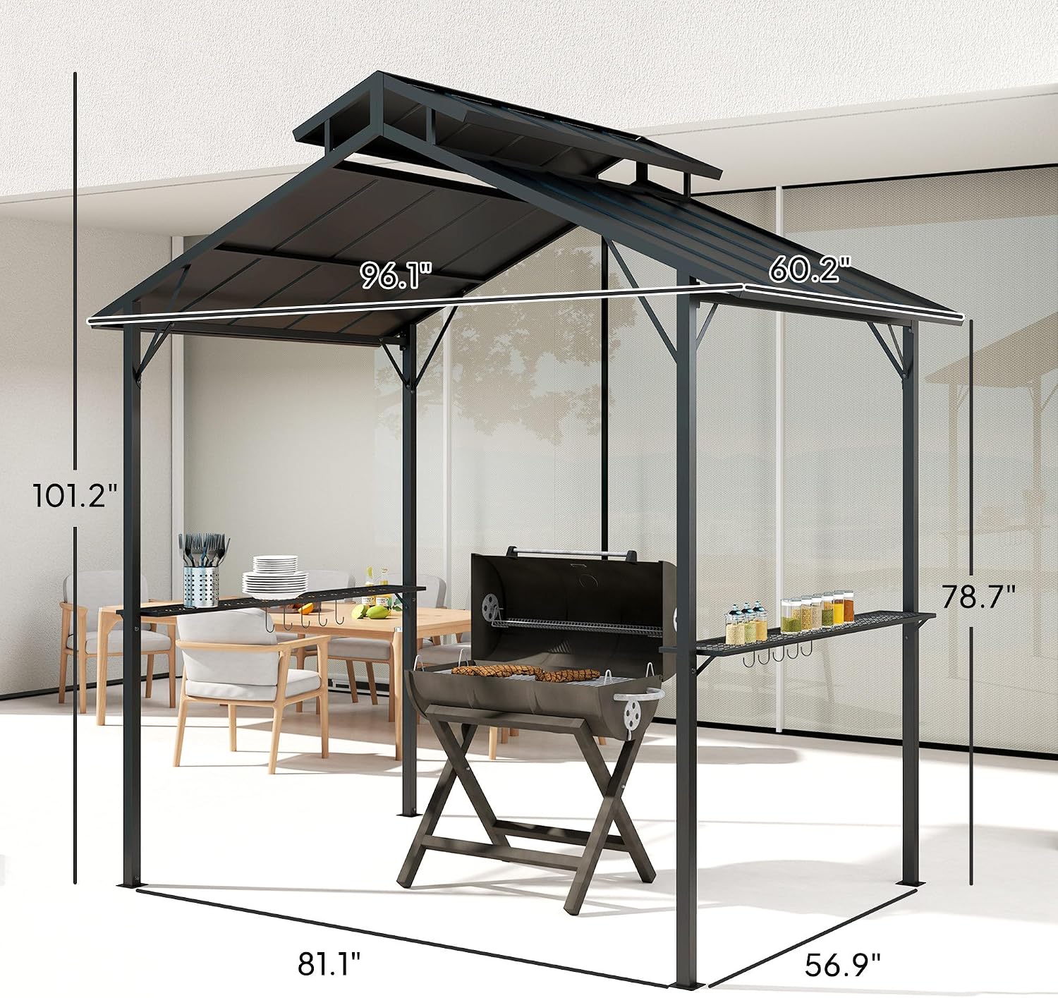 Outsunny 8' x 5' Hardtop Grill Gazebo, Outdoor BBQ Gazebo with Double Metal Roof, 2 Side Shelves and 10 Hooks, Grill Canopy for Patio Backyard Lawn Deck