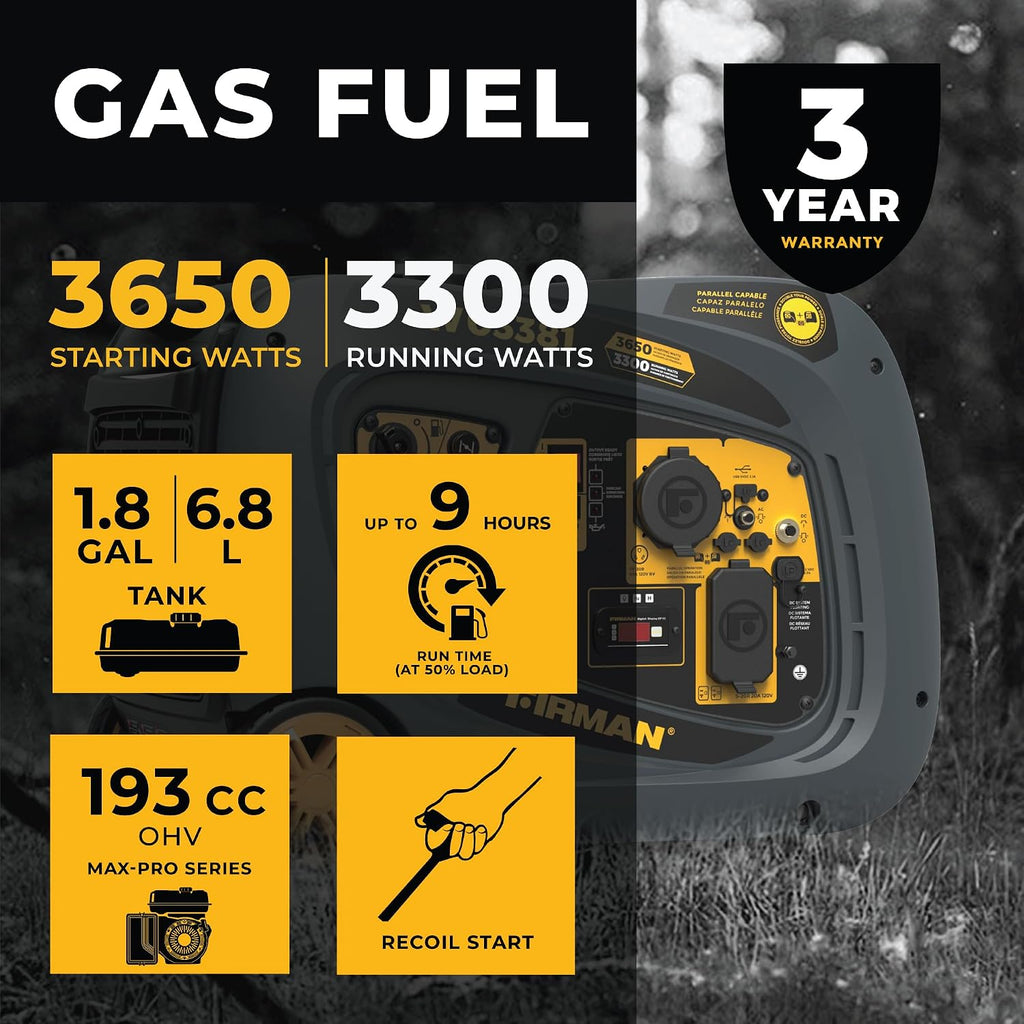 FIRMAN W03381 Gas Inverter Portable Generator 3650W Starting 3300W Running, Recoil Start, Quiet Clean Sine Wave Power, RV Ready 120V, Compact Design for Home, Backup, Camping, Tailgating, Outdoor