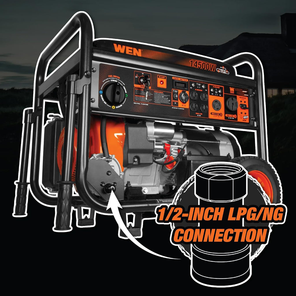 WEN 14500-Watt 120V/240V Tri-Fuel Generator, Transfer-Switch Ready with Electric Start and Wheel Kit (TF1450)
