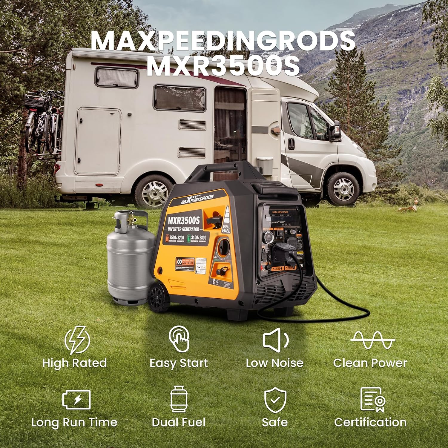 MaXpeedingrods 3500 Watt Dual Fuel Inverter Generator, Remote/Electric Start, Gas and Propane Powered for Home Backup Power, Outdoor Camping, RV Ready, EPA Compliant, Digital Display
