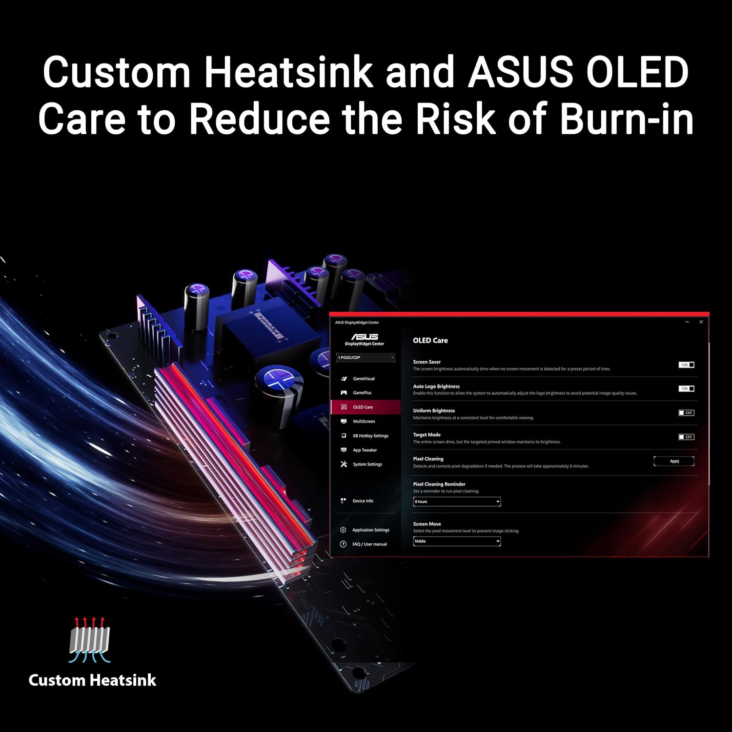 ASUS ROG Swift 32' 4K OLED Gaming Monitor (PG32UCDP) - WOLED, Dual Mode (4K 240Hz, FHD 480Hz), 0.03ms, G-SYNC Compatible, Custom Heatsink, AI Gaming, 99% DCI-P3,True 10-bit, USB-C 90W, 3yr Warranty