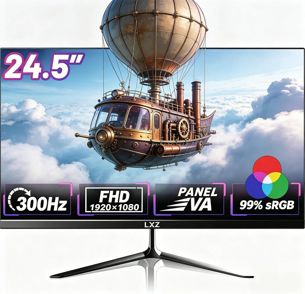 LXZ 24.5 Inch 300Hz 240Hz Gaming Monitor, FHD 1920x1080 VA Panel 1ms Computer Monitor, HDR Mode, Adaptive sync, FreeSync Compatible DP x2, HDMI x2, Ultra Thin Triangle Base, VESA 75mm x 75mm