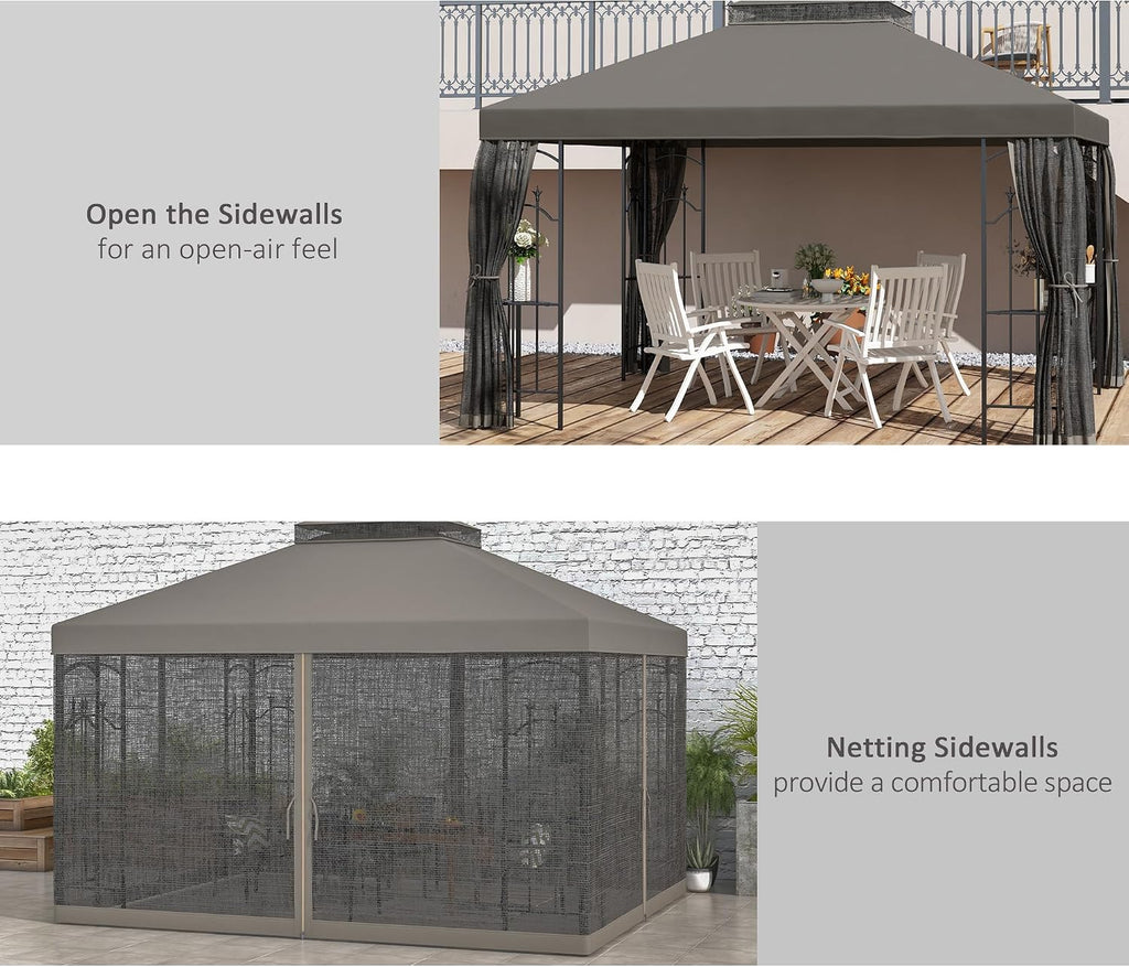 Outsunny 10' x 12' Patio Gazebo with Corner Frame Shelves, Double Roof Outdoor Gazebo Canopy Shelter with Netting for Patio, Wedding, Catering & Events, Gray