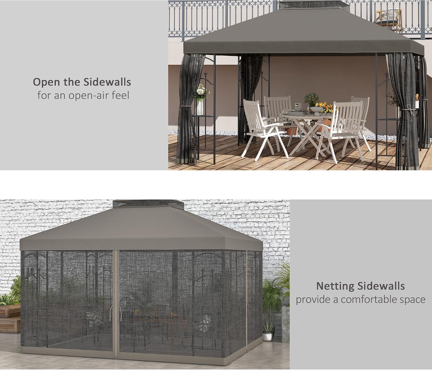 Outsunny 10' x 12' Patio Gazebo with Corner Frame Shelves, Double Roof Outdoor Gazebo Canopy Shelter with Netting for Patio, Wedding, Catering & Events, Gray