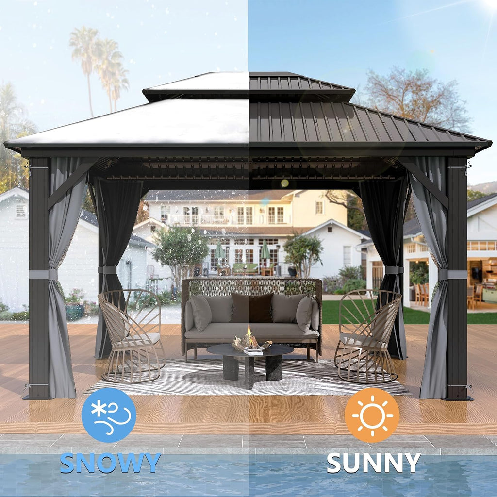 10'x12' Hardtop Gazebo, Outdoor Double Roof Galvanized Steel Gazebo, Aluminum Frame Permanent Pavilion with Curtains & Netting for Backyard, Patio, Deck (Galvanized Steel Top, 10x12 FT)