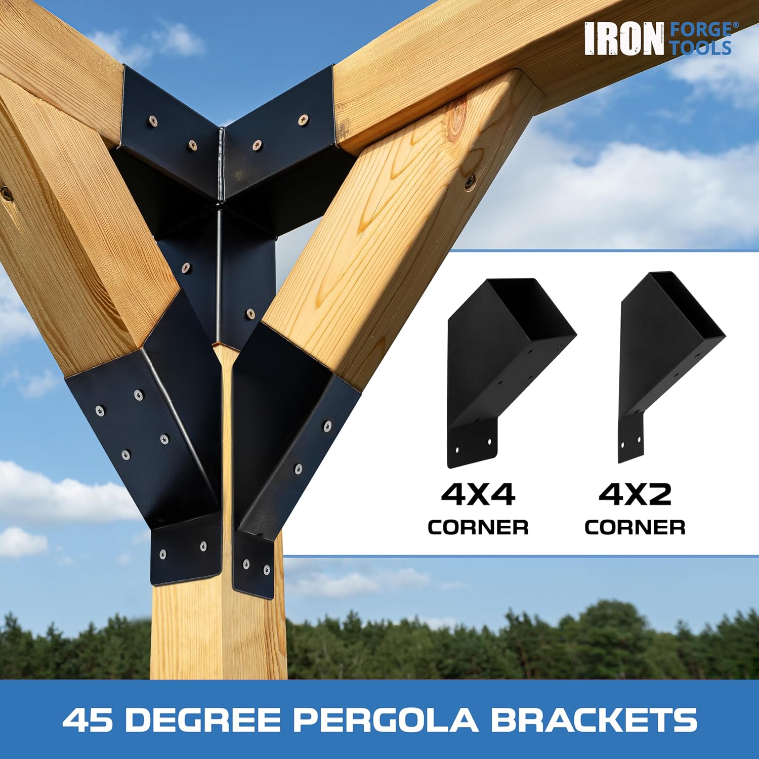 Iron Forge Tools 4x4 Pergola Brackets - 8 Pack Powdercoated Steel Corner Pergola Kit - 45 Degree Angle Bracket Angle Brace for DIY Installation - Hardware Kit and Accessories, Roof Gazebo Kits