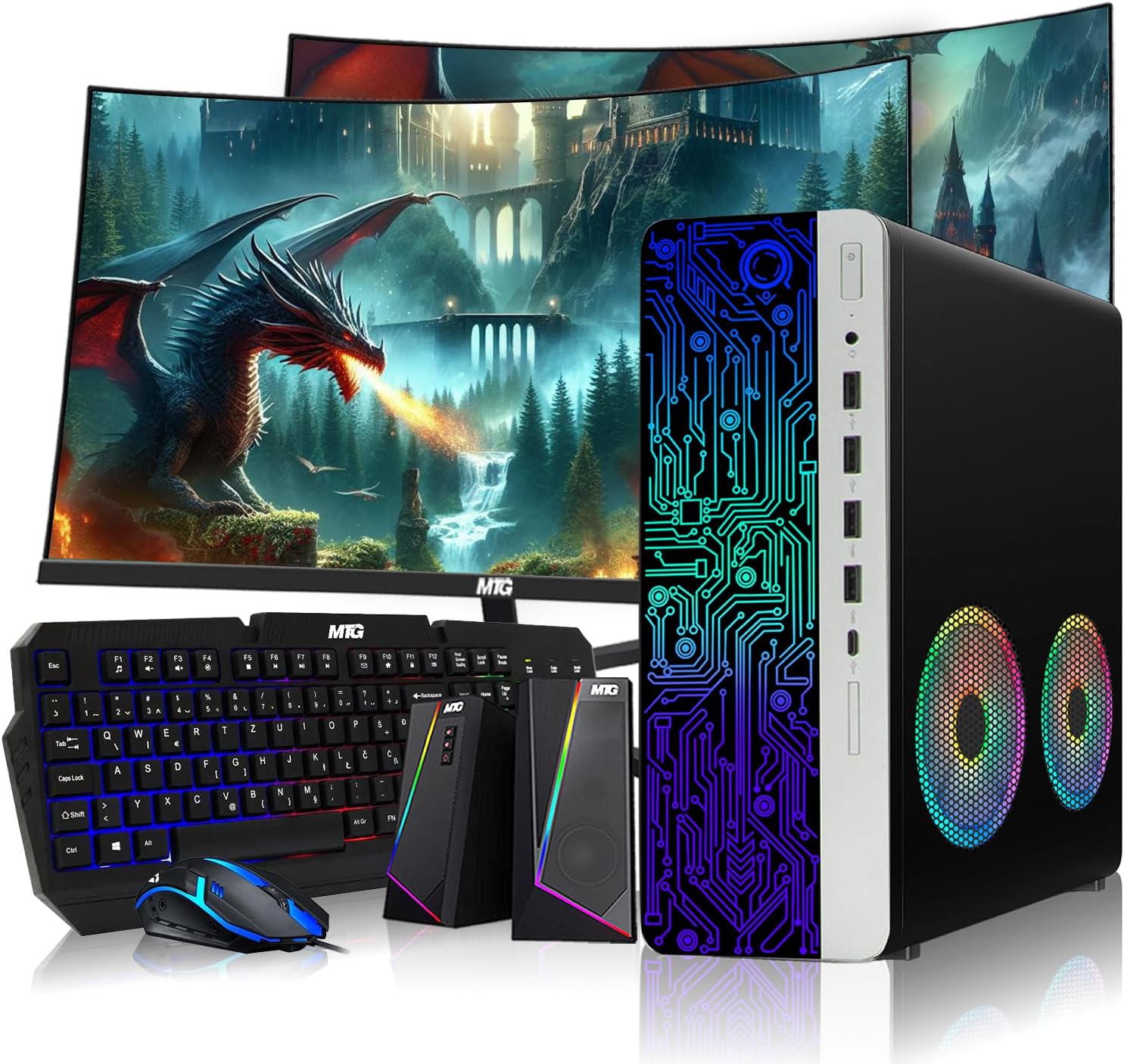 TechMagnet HP G4 Desktop RGB Computer PC Intel i7-8th Gen, 16GB DDR4 Ram 512GB SSD, Dual 24-inch Curved Monitor, RGB Speaker, Gaming Keyboard Mouse, 2X ARGB Fan WiFi, Windows 11 (Renewed)