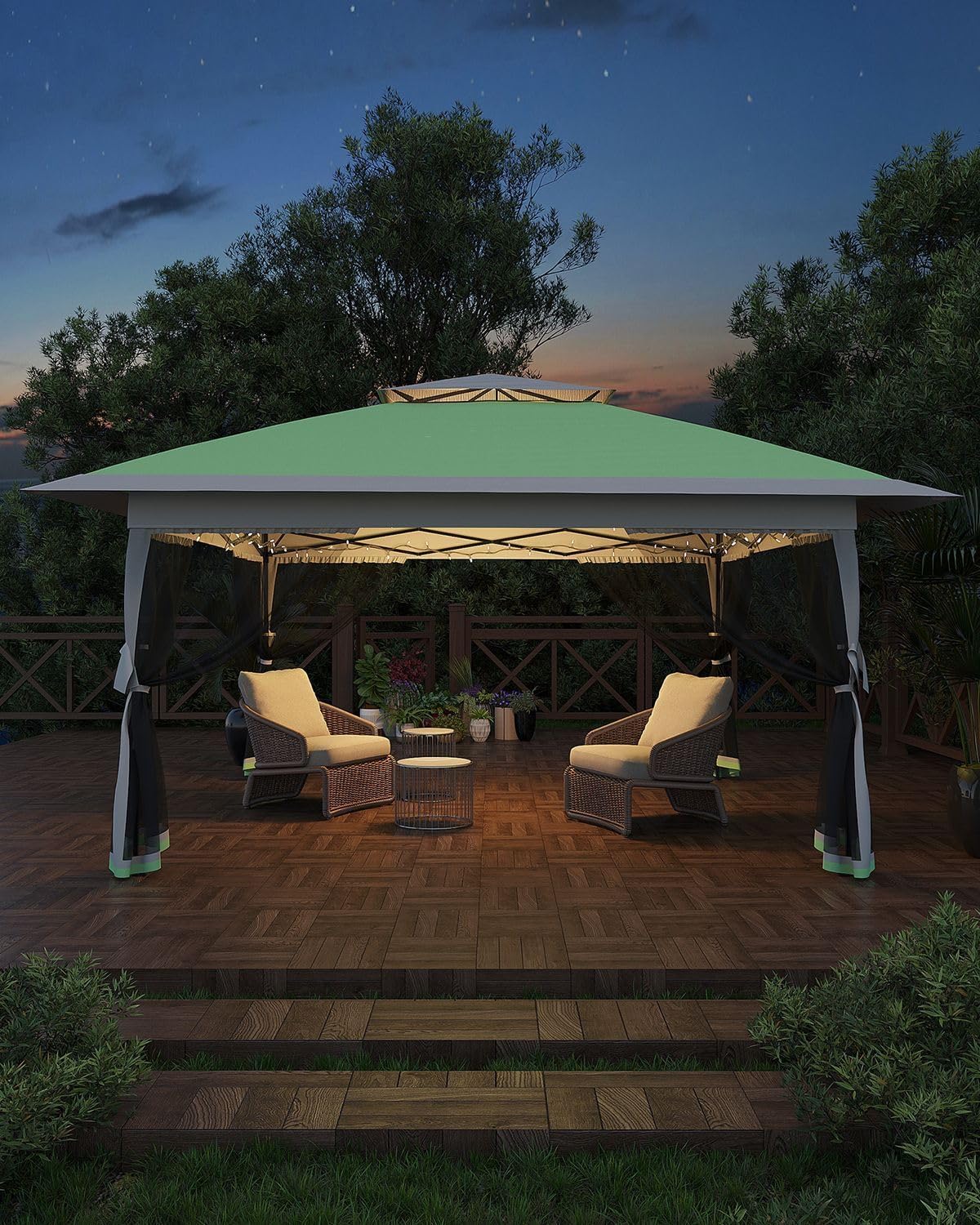 12x12FT Pop Up Gazebo, Instant Backyard Canopy Tent with Mosquito Net & Double Roof, Pop-Up Gazebo Canopies Adjustable Height for Patio, Party, Green