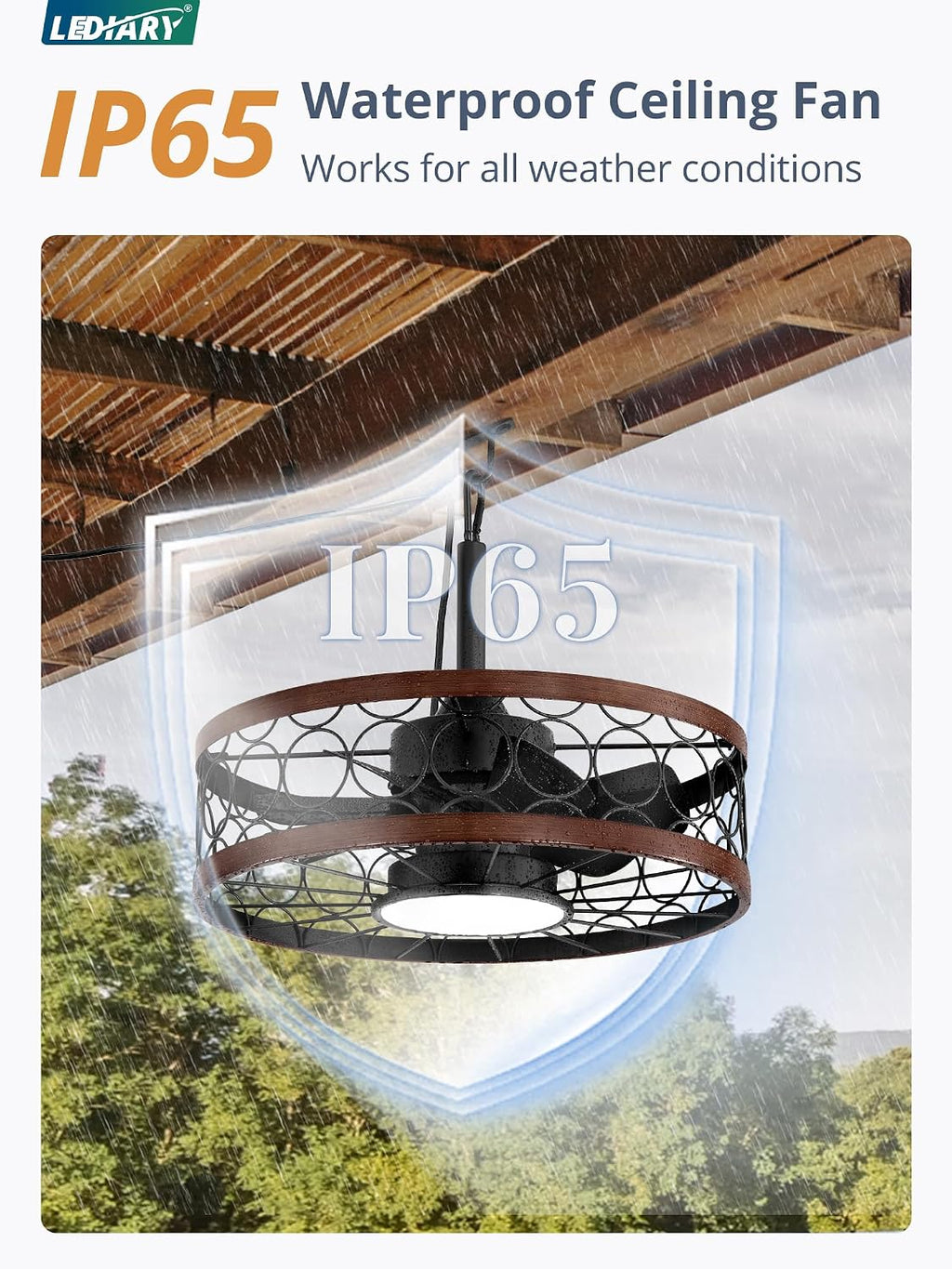 LEDIARY Outdoor Ceiling Fan with Light and Remote,Waterproof Gazebo Fan with Hanging Hook,6 Speeds, 3CCT, 20 Inch Caged Plug in Ceiling Fan for Patios,Porch, Pergola,Canopy