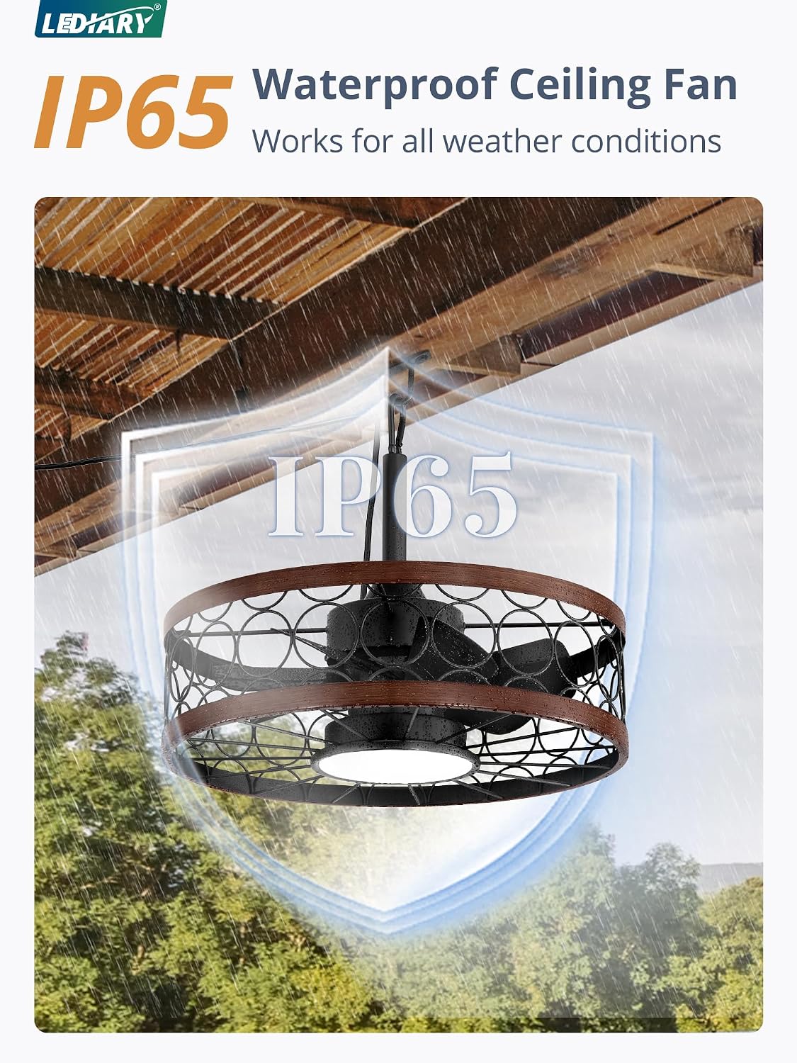 LEDIARY Outdoor Ceiling Fan with Light and Remote,Waterproof Gazebo Fan with Hanging Hook,6 Speeds, 3CCT, 20 Inch Caged Plug in Ceiling Fan for Patios,Porch, Pergola,Canopy