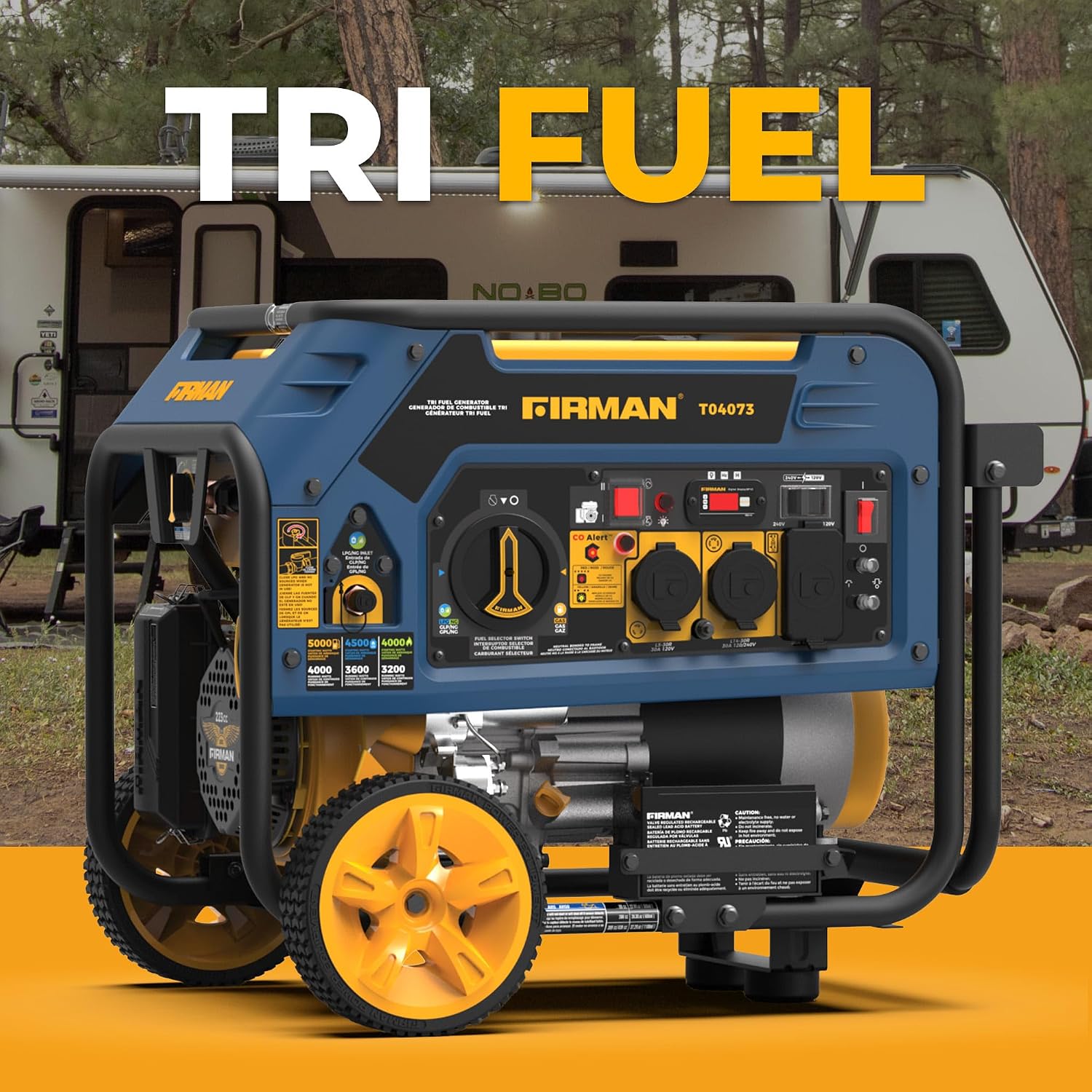 FIRMAN T04073 Tri Fuel Portable Generator, 5000W Gas 4000W Running, 4500W Propane 4000W Natural Gas, Electric Start, 120/240V, CO Alert, Low Oil Shut Off, for Home, RV, Backup, Camping, Outdoor Power