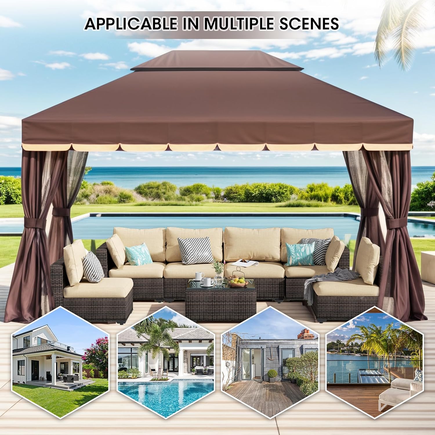 10'x13' Outdoor Patio Gazebo,Heavy Duty Party Tent & Shelter with Double Roofs, Mosquito Nettings and Curtains for Backyard, Patio, Deck, Parties, Garden, Lawn (Brown)