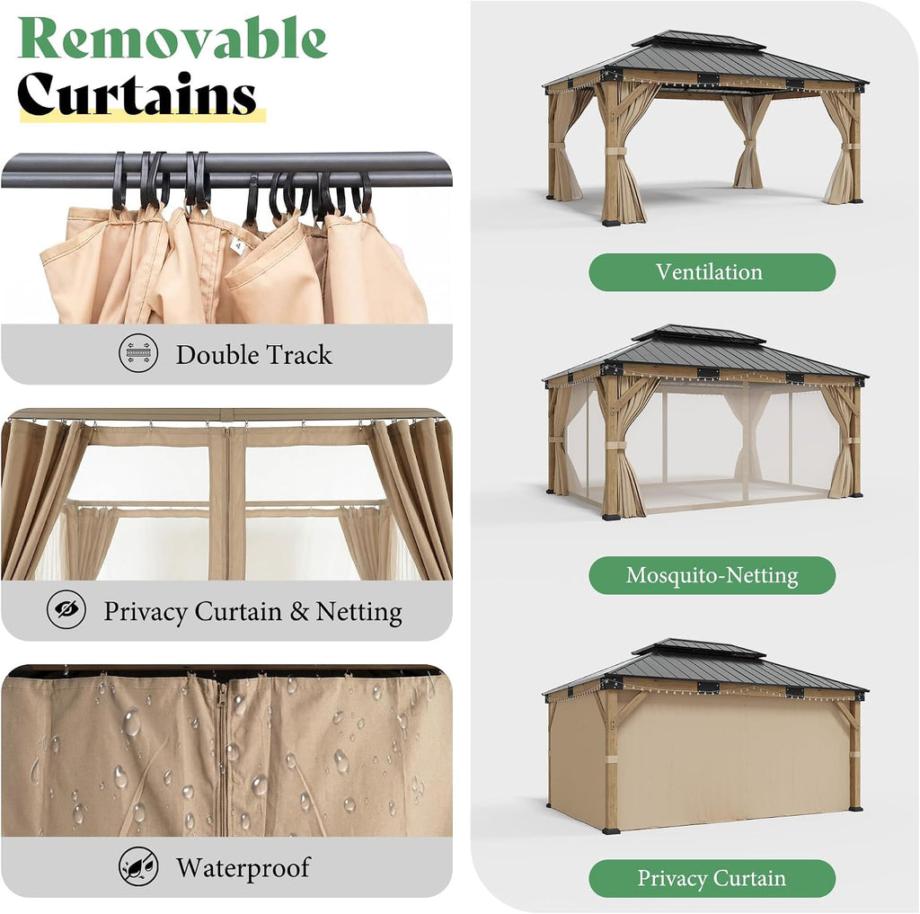 AMERLIFE 12' x 16' Heavy Duty Hardtop Gazebo with Double Metal Roof, Wood Gazebo with Privacy Curtains & Mosquito Netting, Outdoor Pavilion for Backyard, Garden & Patio, Brown