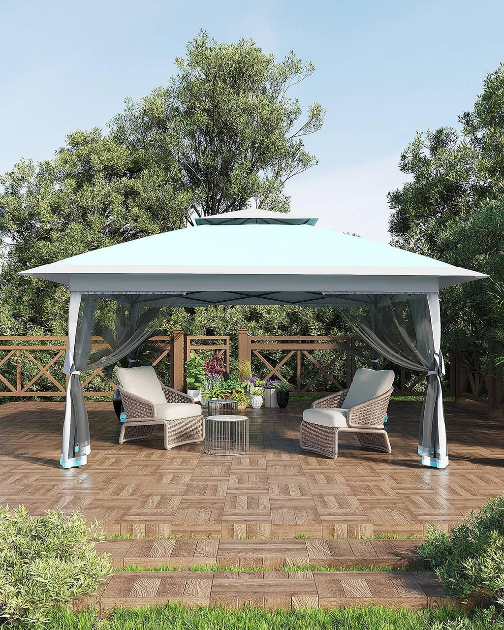 Garveelife Pop Up Gazebo 12x12, Canopy Tent with Mosquito Netting, One Push Setup for Backyard Patio Garden with 4 Sand Bags- Blue