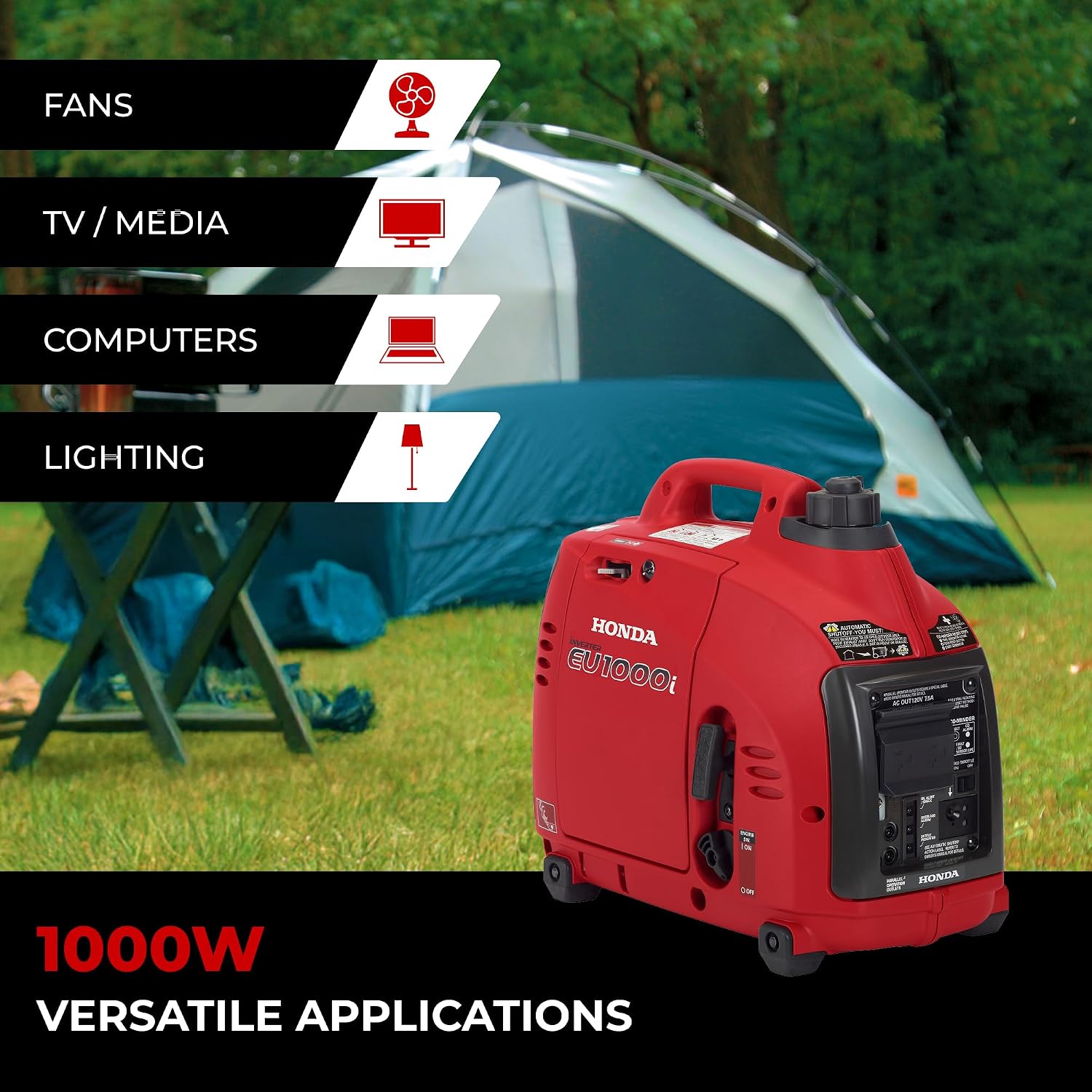 Honda EU1000i 1000 Watt Inverter Generator, Super Quiet 120V Gas Powered Portable Generator for Camping or Home Backup Power Supply, Up to 6.8 Hour Run Time (EU1000T1AN)