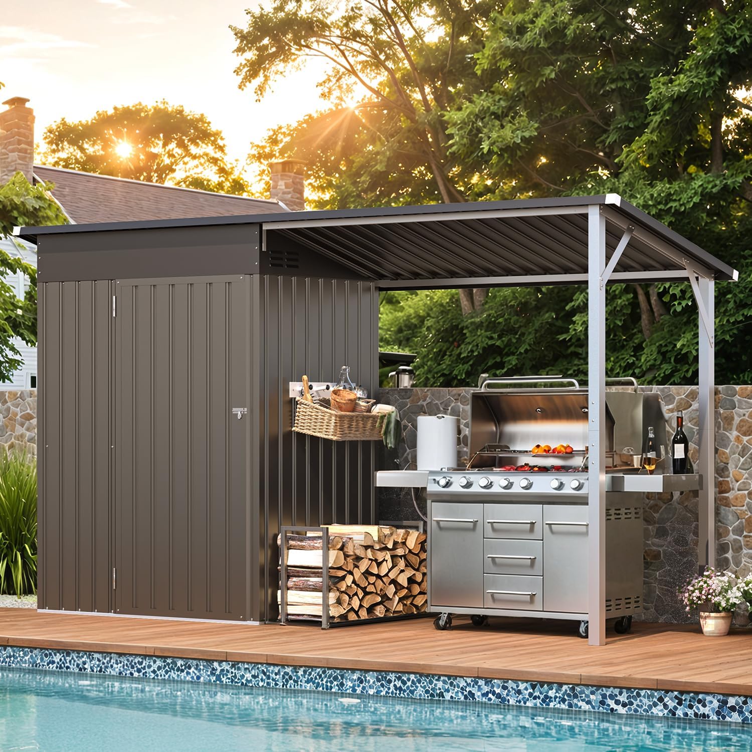 AECOJOY 5x3 FT Outdoor Storage Shed & Hardtop Gazebo Combo, 10x4 FT Metal Lean to Shed with 3'x5' Open Pergola, 2-in-1 Tool Sheds & Outdoor Storage for Patio, 30 Sq.Ft Covered