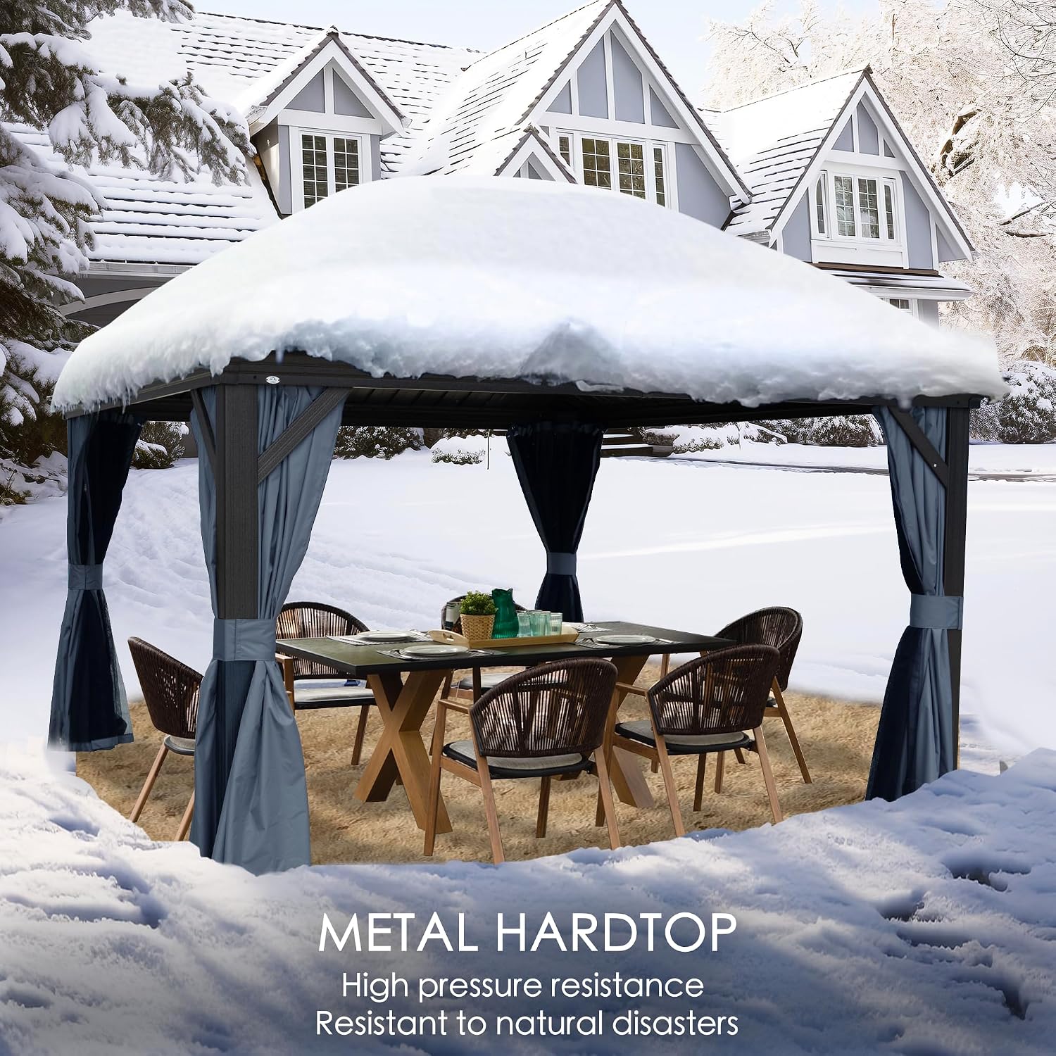 Kozyard Alexander 10' x 12' Hardtop Gazebo, Aluminum Frame with Galvanized Steel Double Roof, Outdoor Permanent Pavilion with Curtains and Netting for Patio, Backyard, Deck, Lawn (Gray)