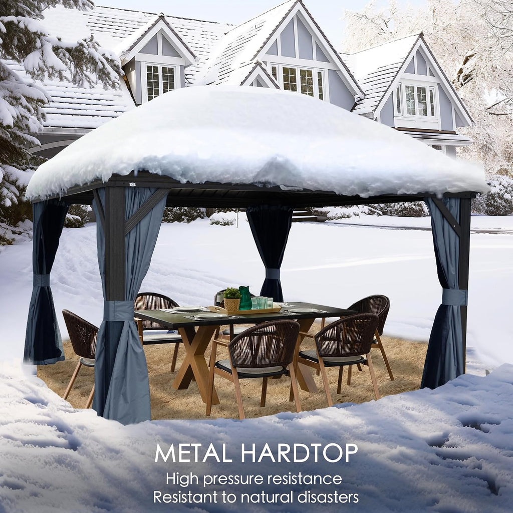 Kozyard Alexander 12' x 14' Hardtop Gazebo, Aluminum Frame with Galvanized Steel Double Roof, Outdoor Permanent Pavilion with Curtains and Netting for Patio, Backyard, Deck, Lawn (Gray)