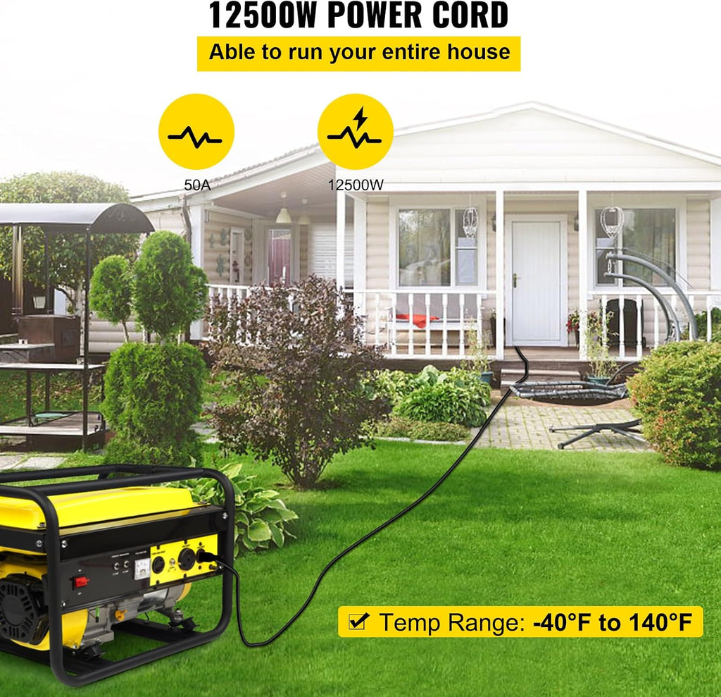 VEVOR 50FT 50 Amp Generator Cord, 6/3+8/1 AWG Pure Copper STW Cable 125V/250V 12500W, NEMA 14-50P to Bare Wire Open End for Transfer Switch Inlet Box Hardwire, ETL Listed