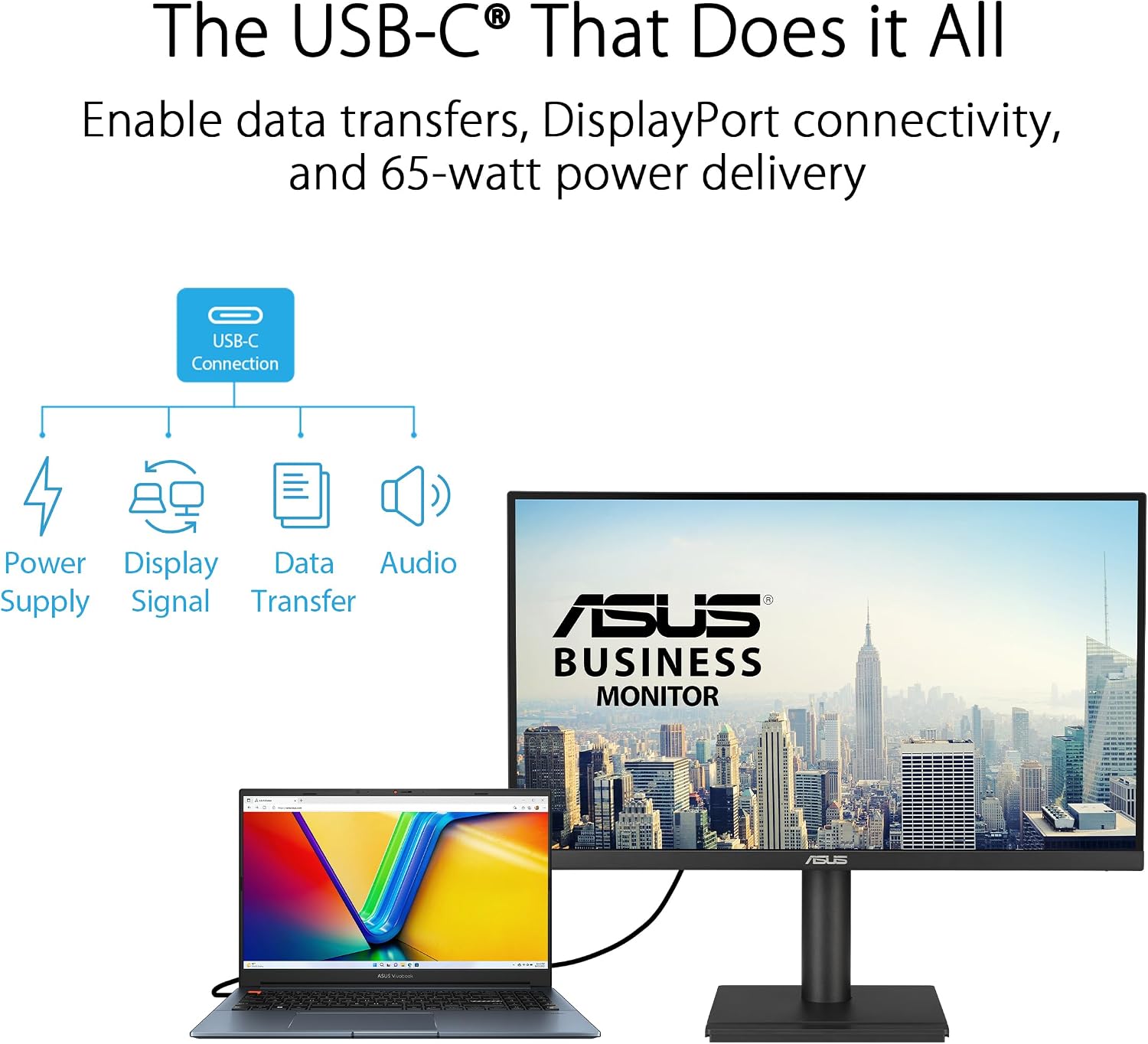 ASUS 27' 4K Business Monitor (VA27UCPS) - UHD (3840 x 2160), IPS, 99% sRGB, HDR-10, USB-C PD65W, USB Hub, Speakers, Eye Care, Ergonomic, VESA Wall Mountable, Green Sustainability, 3 yr Warranty