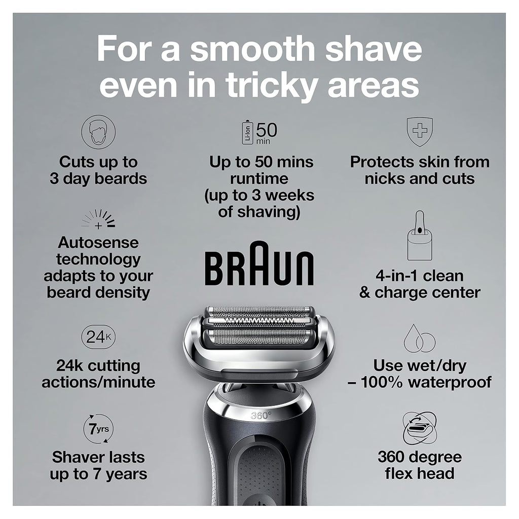 Braun Electric Razor for Men, Waterproof Foil Shaver, Series 7 7075cc, Wet & Dry Shave, with Beard Trimmer, Rechargeable, with Clean & Renew Refill Cartridges, 6 Count