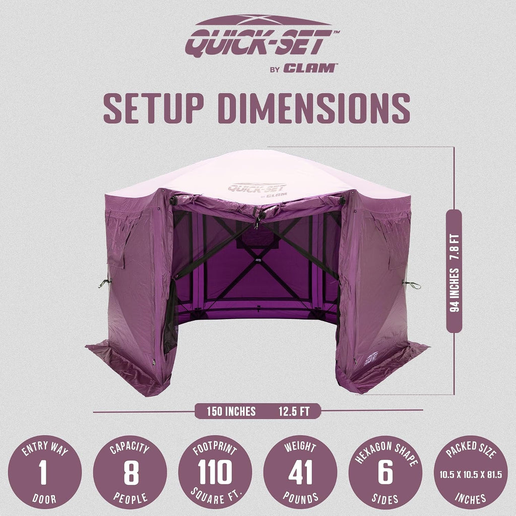 Clam Pavilion 12.5' Pop-Up Screen Tent – Plum Outdoor Camping Gazebo Canopy with Wind Panels, Mesh Netting & Carry Bag – 6-Sided Portable Shelter for 8 People – Fast Setup Patio or Event Tent