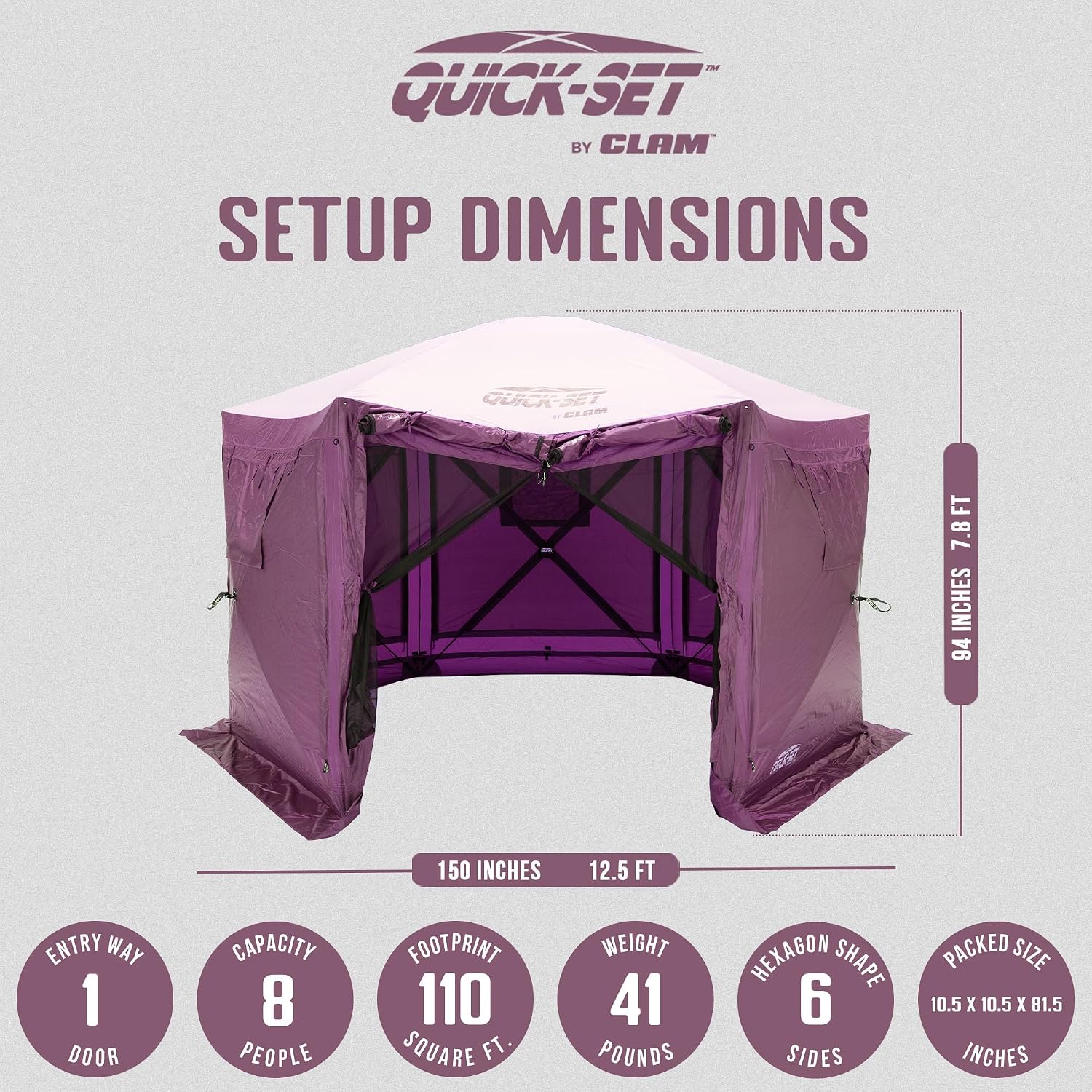 Clam Pavilion 12.5' Pop-Up Screen Tent – Plum Outdoor Camping Gazebo Canopy with Wind Panels, Mesh Netting & Carry Bag – 6-Sided Portable Shelter for 8 People – Fast Setup Patio or Event Tent