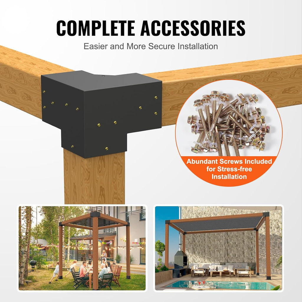 VEVOR Pergola Bracket Kit 6''x6''(Inner Size 5.6x5.6), 4pcs 3-Way Heavy Duty Corner Bracket Woodworks DIY Post Base Kit, Easy Installation Wooden Beams for Gazebos, Patio Pergolas, Log Cabin Outdoor