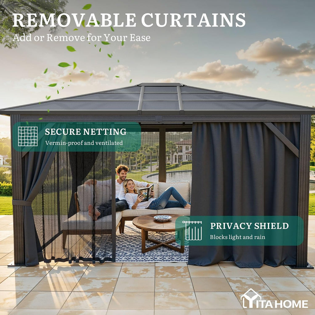 YITAHOME 10x12ft Polycarbonate Gazebo Single Top Outdoor with Netting and Shaded Curtains, Metal Frame Garden Tent for Patio, Backyard, Deck and Lawns, Gray