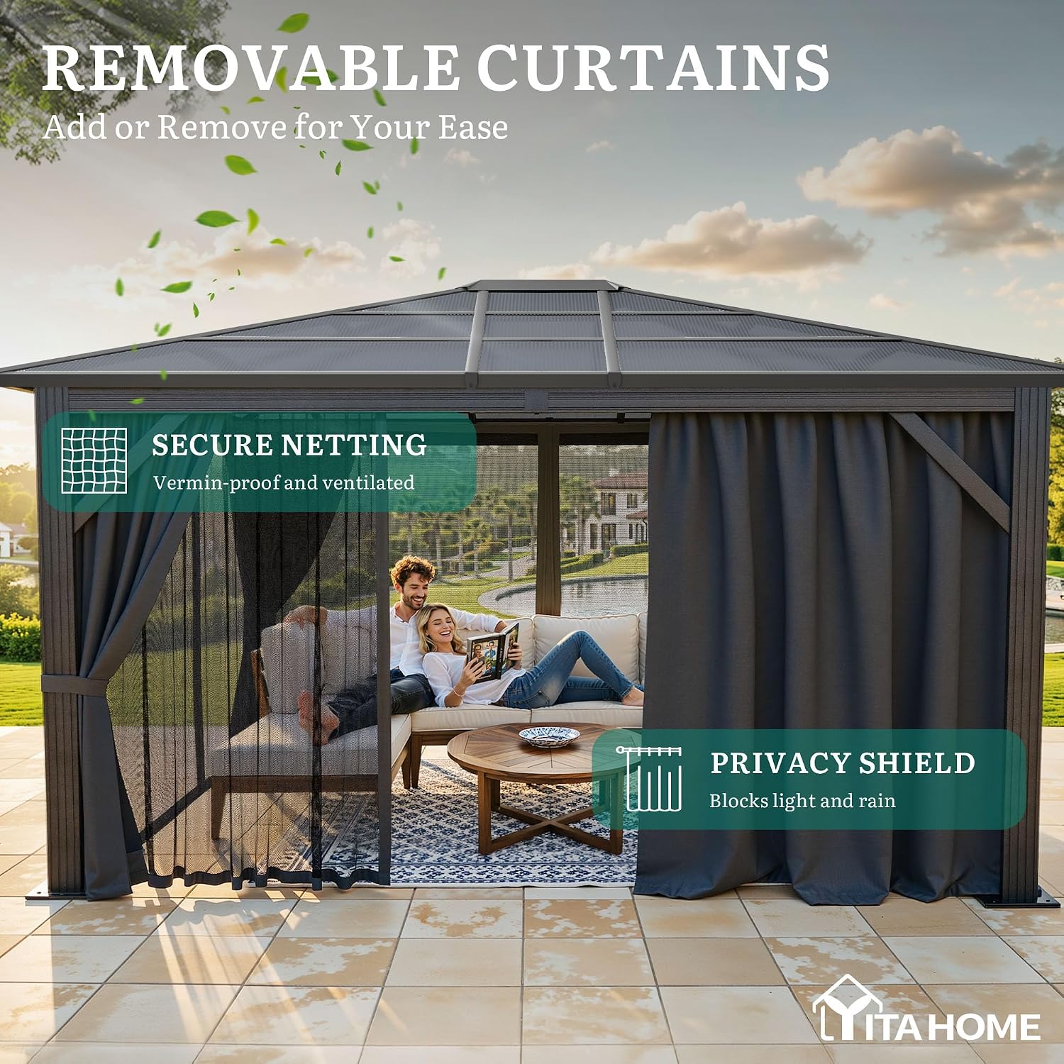 YITAHOME 10x12ft Polycarbonate Gazebo Single Top Outdoor with Netting and Shaded Curtains, Metal Frame Garden Tent for Patio, Backyard, Deck and Lawns, Gray