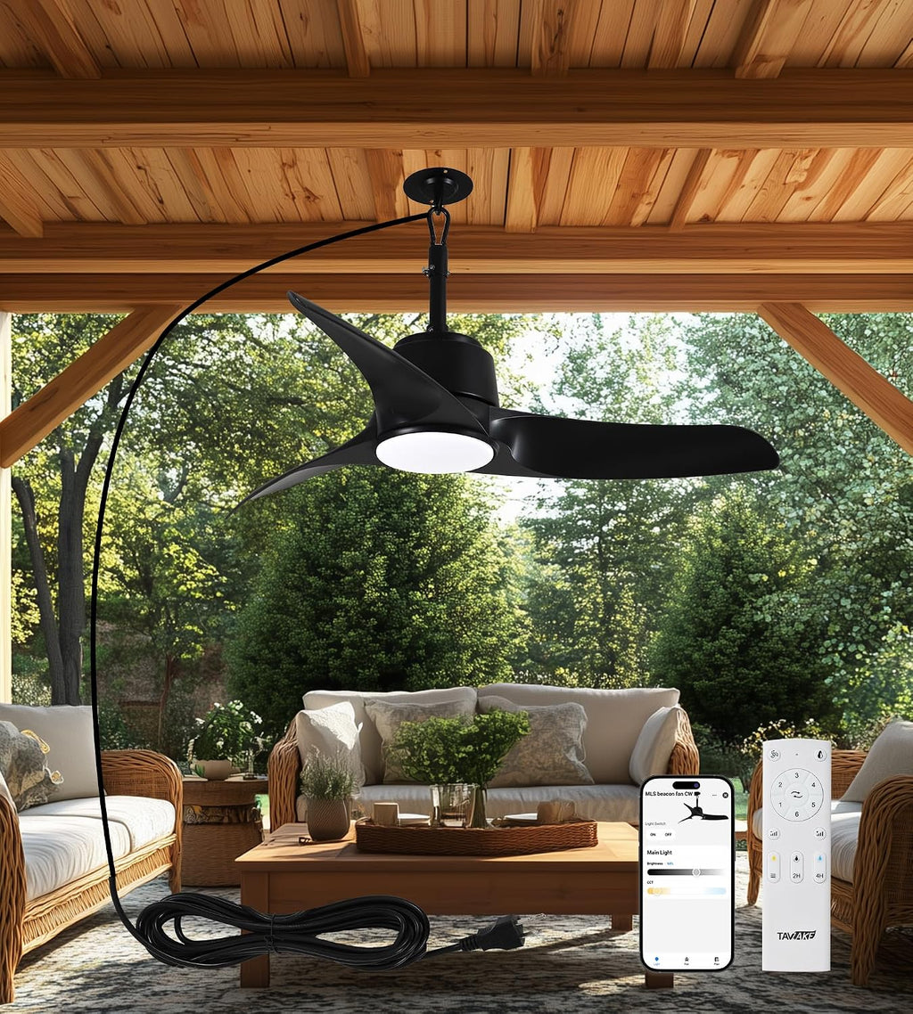 42' Outdoor Ceiling Fans with Lights, IP66 Wet Rated Waterproof Ceiling Fan with Remote Control, 6-Speed DC Motor, Farmhouse Gazebo Fan for Porch Patios Pavilion (Black)