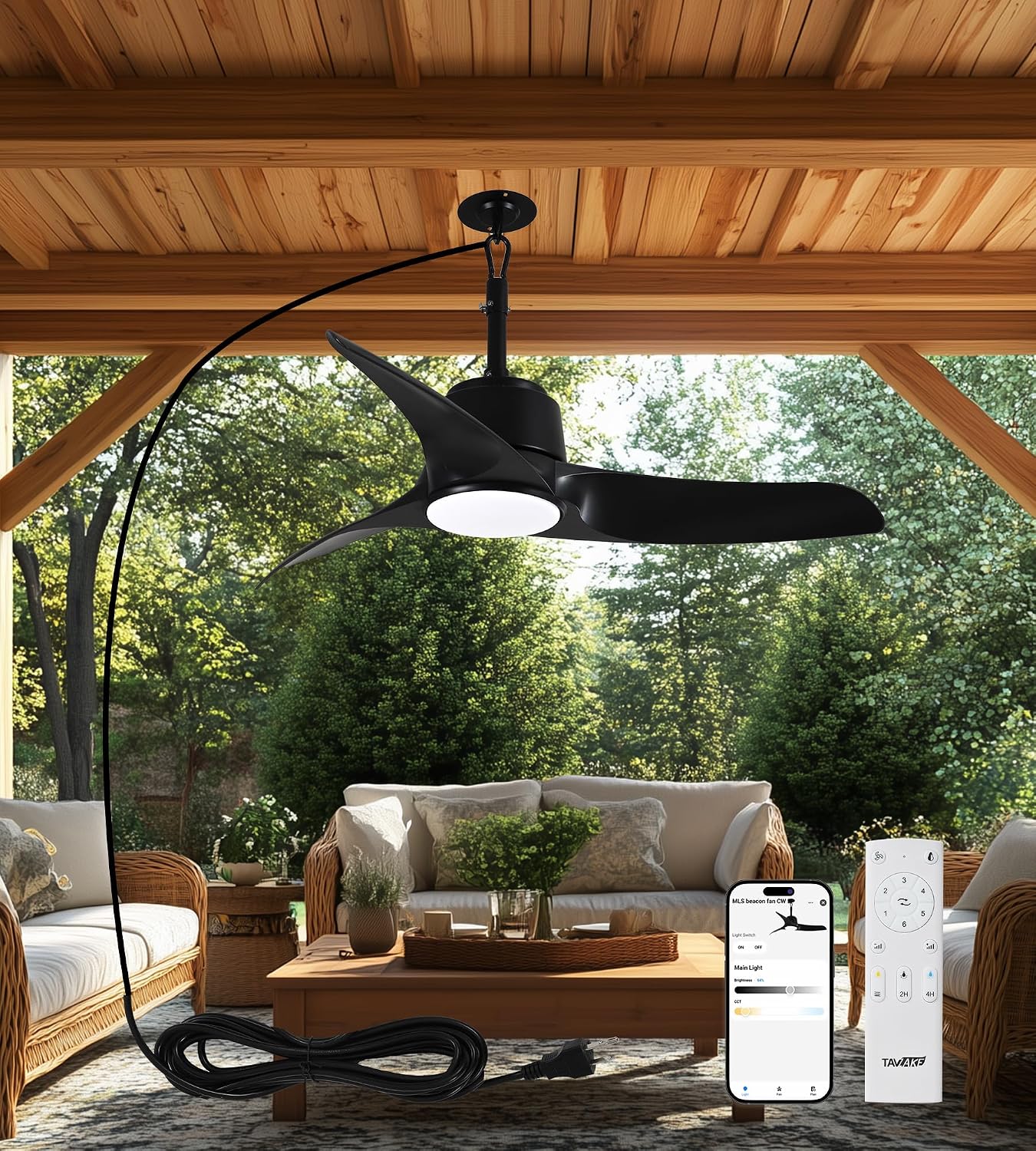 42' Outdoor Ceiling Fans with Lights, IP66 Wet Rated Waterproof Ceiling Fan with Remote Control, 6-Speed DC Motor, Farmhouse Gazebo Fan for Porch Patios Pavilion (Black)