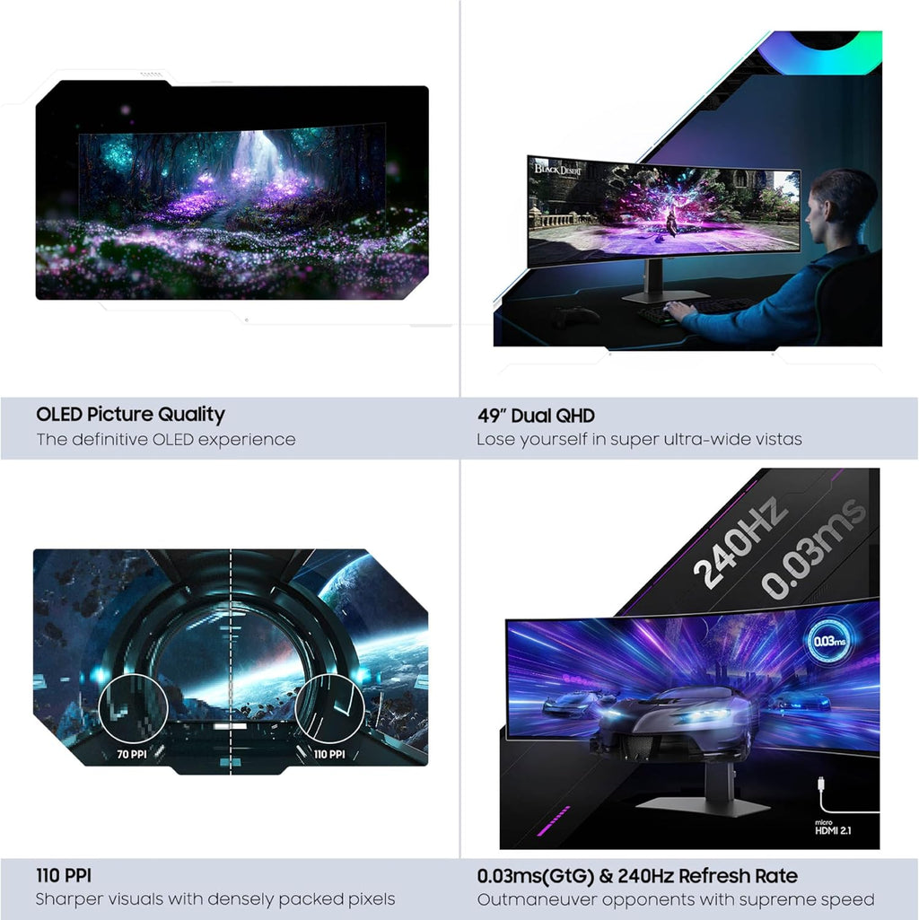 Samsung 49' Odyssey G93SC Series Curved Gaming Monitor, QD-OLED, 240Hz, 0.03ms, DQHD, G-Sync Compatible, FreeSync Premium Pro, Adjustable Stand
