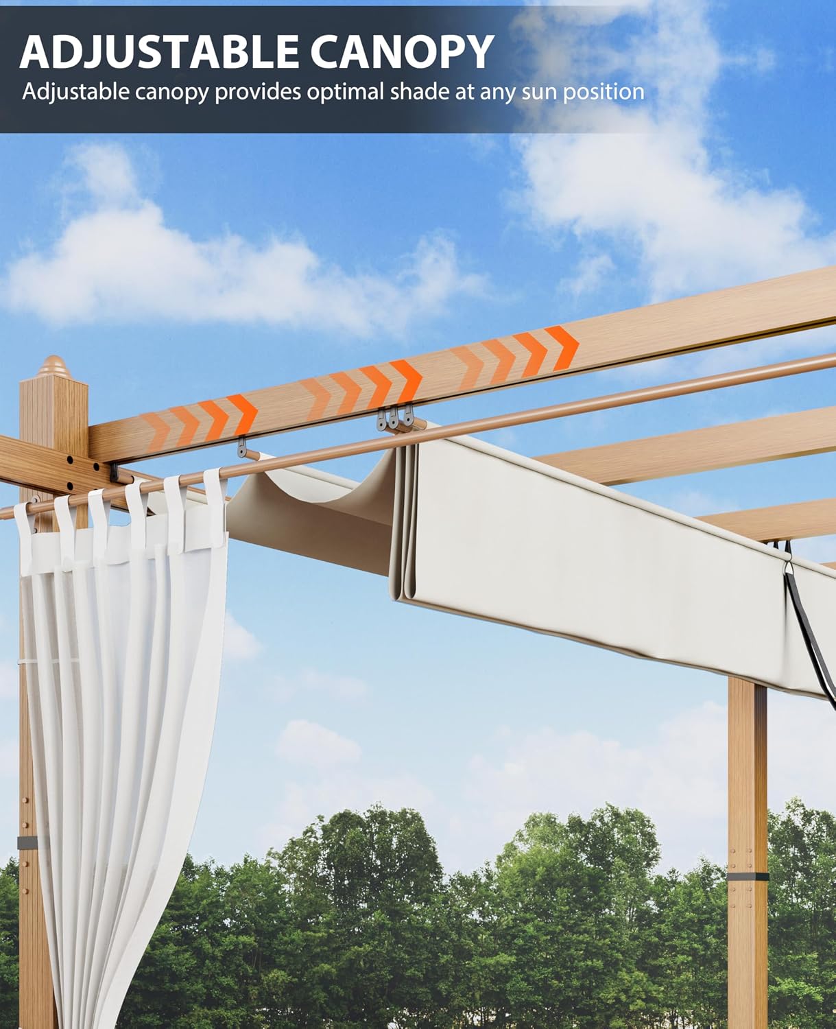 10x13 Ft Outdoor Patio Aluminum Pergola with Sun Shade Canopy & Side Mesh, Upgraded Wood-Grain Post Retractable Pergola, Modern Metal Yard Grape Trellis Gazebo for Backyard, Patio, Porch, Beige+White