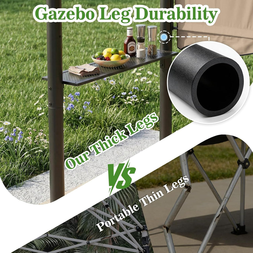 CHARMELEON 8x8 FT Grill Gazebo, Grill Canopy with Big Awning&2 Side Shelves&6 Hooks&Bottle Opener, Powder-Coated Steel BBQ Shelter for Patio Backyard Outdoor Grilling-Khaki
