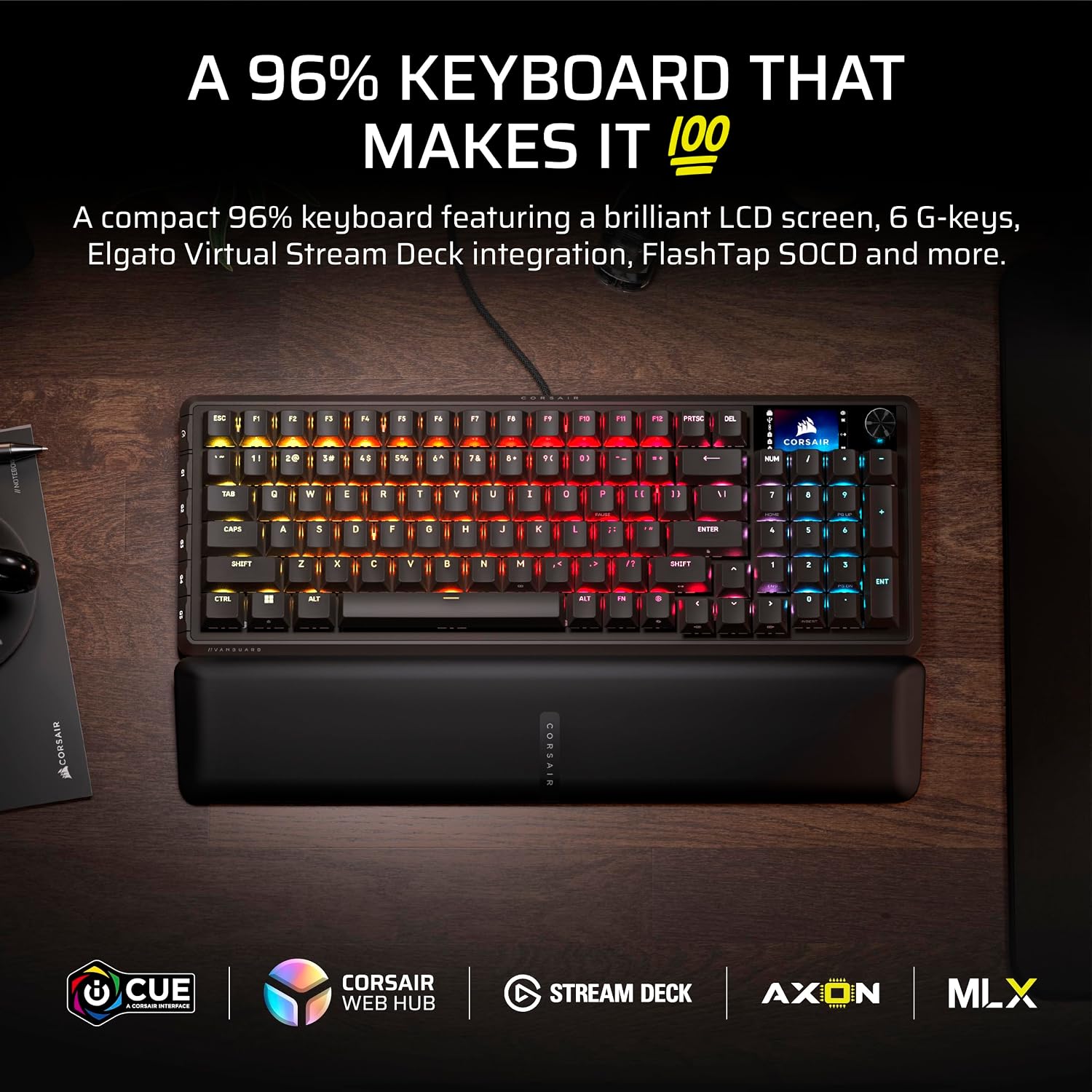 Corsair Vanguard 96 Wired Mechanical Gaming Keyboard – 96% Layout, MLX Plasma Linear Switches, 8000Hz Polling, LCD Display, Virtual Stream Deck, G-Keys, SOCD Flashtap, QWERTY US – Black
