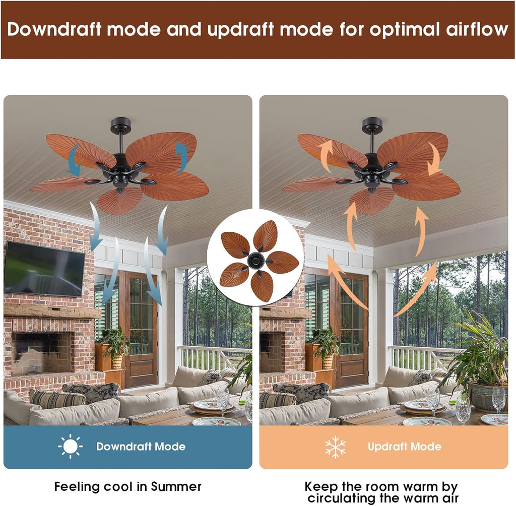 PHORUS 52' Waterproof Outdoor Palm Leaf Ceiling Fans Without Lights and Remote,Wet Rated Tropical Ceiling Fans for Patios Porch Gazebo Pergola