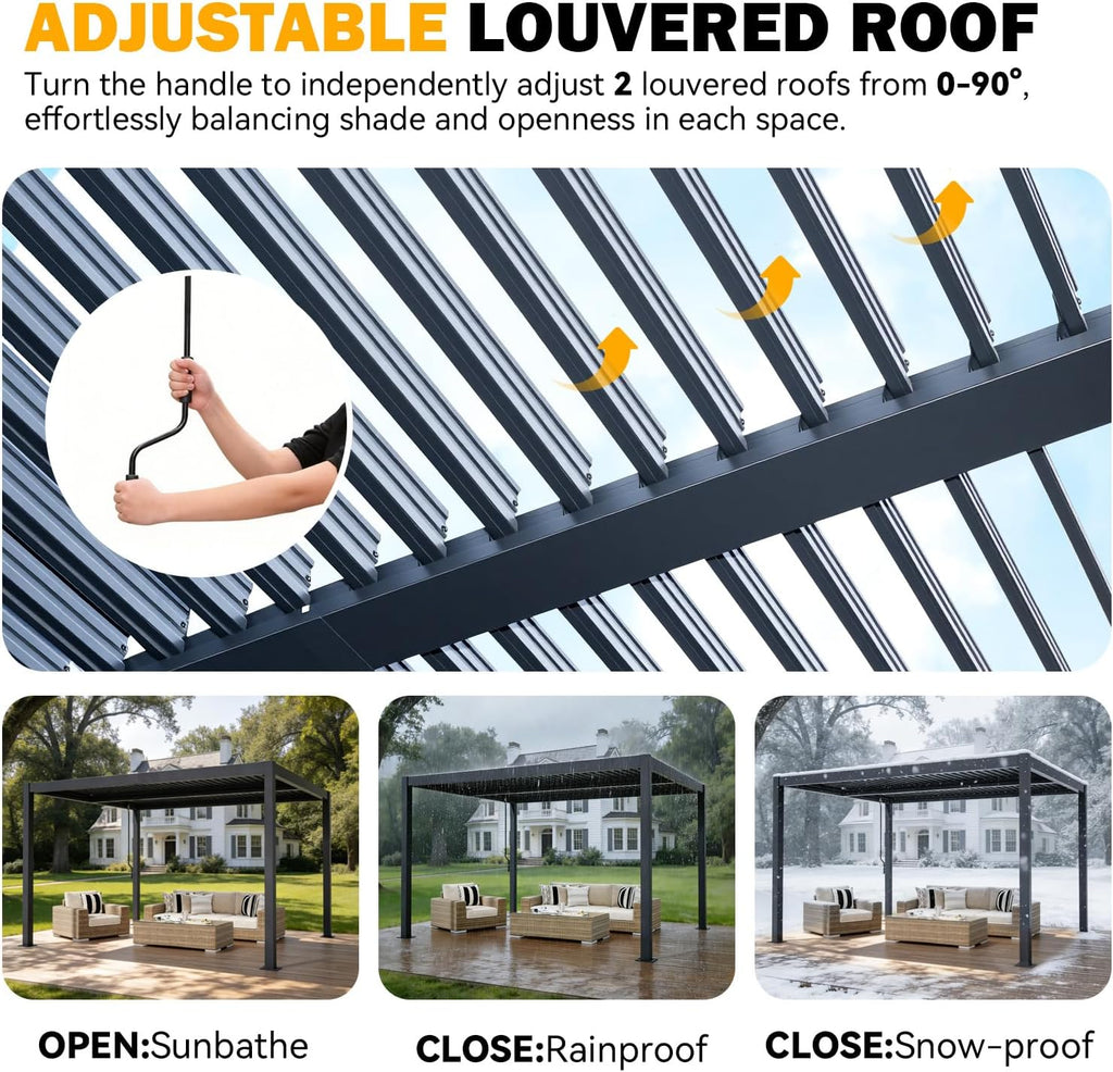 MELLCOM Pergola Louvered 10x12, Metal Hardtop Pergola with Adjustable Roof for Sun & Rain Shade, Outdoor Gazebo with Integrated Drainage System, Modern Rustproof Patio Canopy Carport
