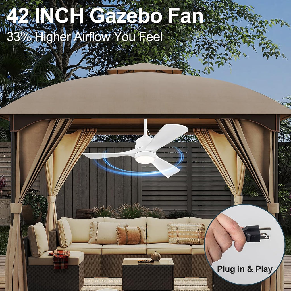 42 inch Gazebo Ceiling Fans Outdoor Hanging Waterproof, Wet Rated Oudoor Ceiling Fans for Patios with Light, 6 Speed Remote, Plug in Cord Outlet Hook for Outside Porch, Pergola, Garage-White