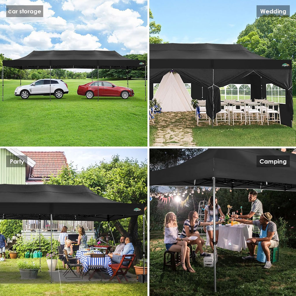 COBIZI 10x30 Heavy Duty Pop up Canopy with 8 sidewalls Party Tent for Parties Weddings Events UPF 50+ Waterproof Commercial Gazebo with Roller Bag, Black(Frame Thickened)