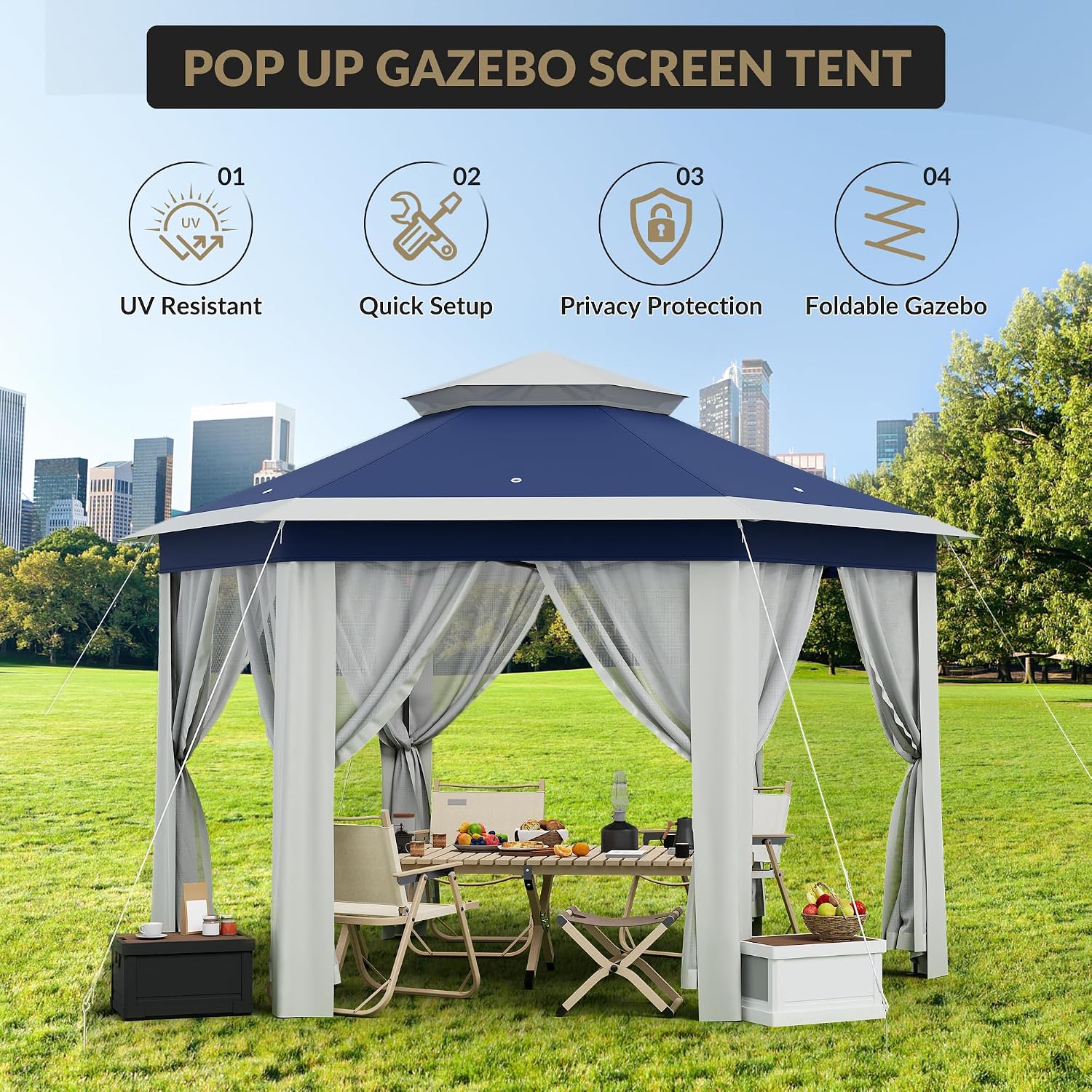 Pop-Up Gazebo 13 * 13 ft 6 Sided, Canopy Tent with Mesh Windows & Portable Carry Bag, Adjustable Tent Outdoor Pergola for Backyard & Patio Furniture (Blue)