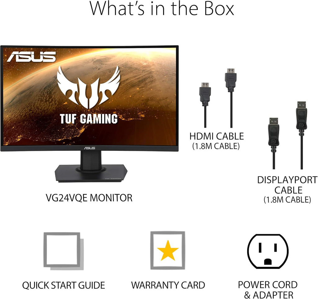 ASUS TUF Gaming 23.6' 1080P Curved Monitor (VG24VQE) - Full HD, 165Hz, 1ms, Extreme Low Motion Blur, Adaptive-Sync, FreeSync Premium, Shadow Boost, VESA Mountable, DisplayPort, HDMI