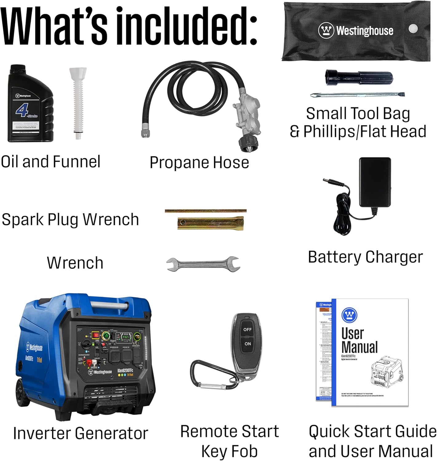 Westinghouse 8200 Peak Watt Tri-Fuel Portable Inverter Generator, Remote Electric Start, Transfer Switch Ready, Gas, Propane, Natural Gas, Low THD, Safe for Electronics, Parallel Capable, CO Sensor