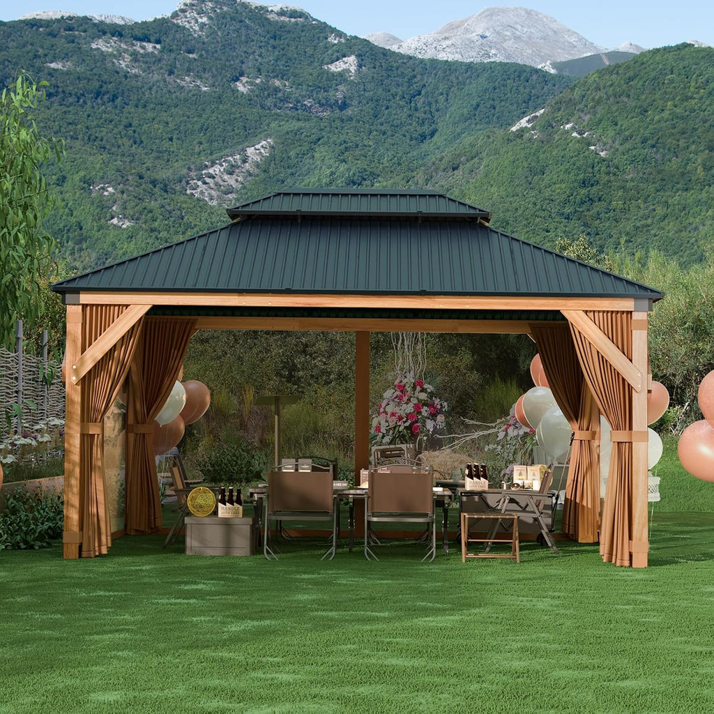 GarveeLife Hardtop Wood Gazebo 10 ft x12 ft for All Weather, with Double Metal Roof, Heavy Duty Wooden Frame, Net, and Curtain, Permanent Building for Patio, Deck, Backyard, Lawn, and Garden, Khaki